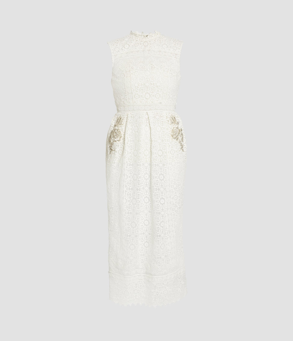 Embellished Cotton Guipure Sleeveless Midi Dress