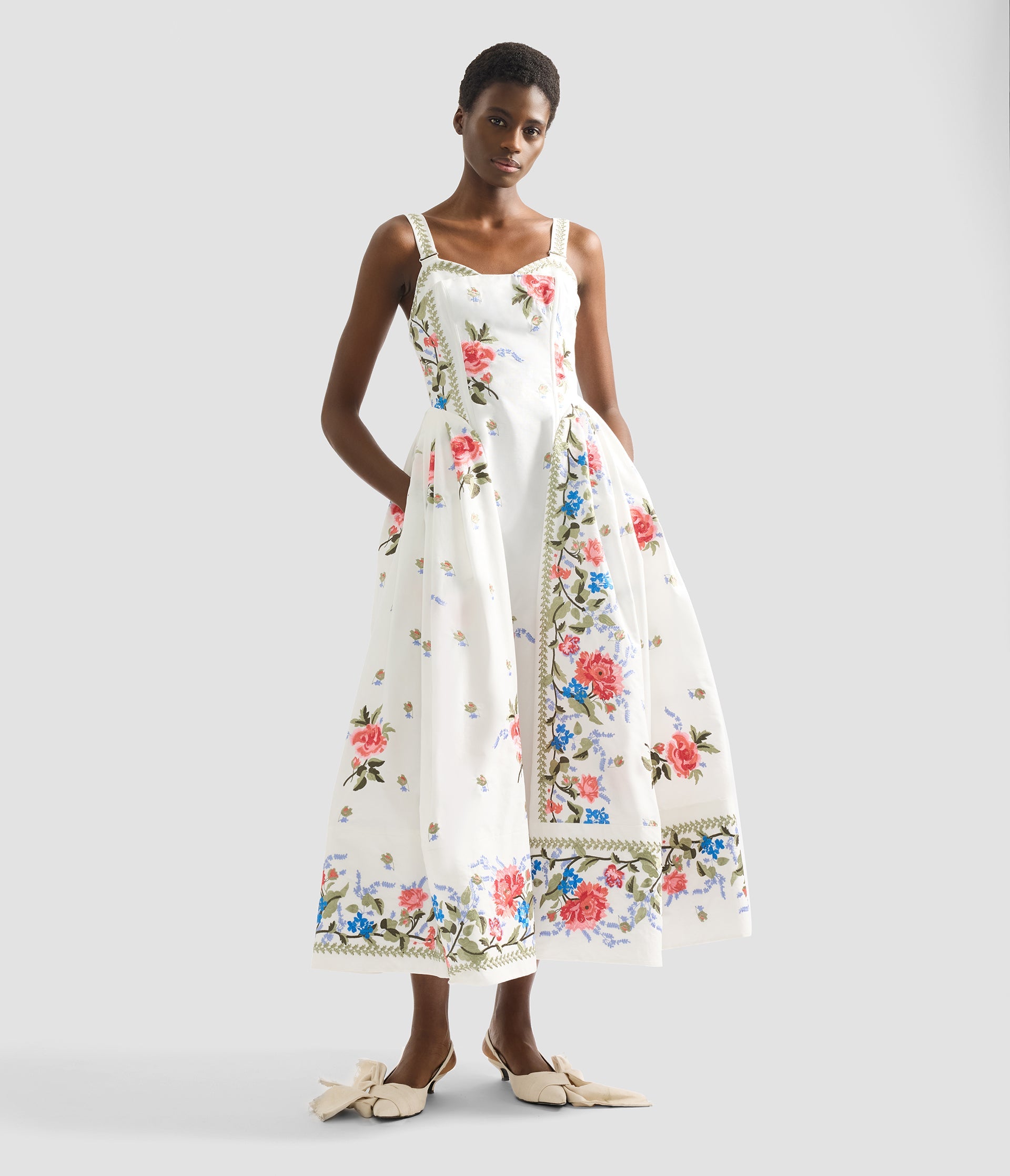 Embroidered Cotton Faille Sleeveless Midi Dress