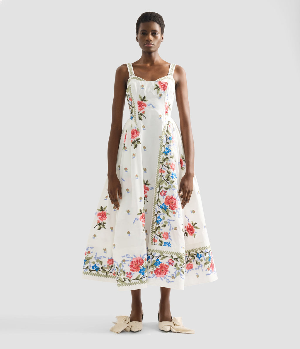 Embroidered Cotton Faille Sleeveless Midi Dress