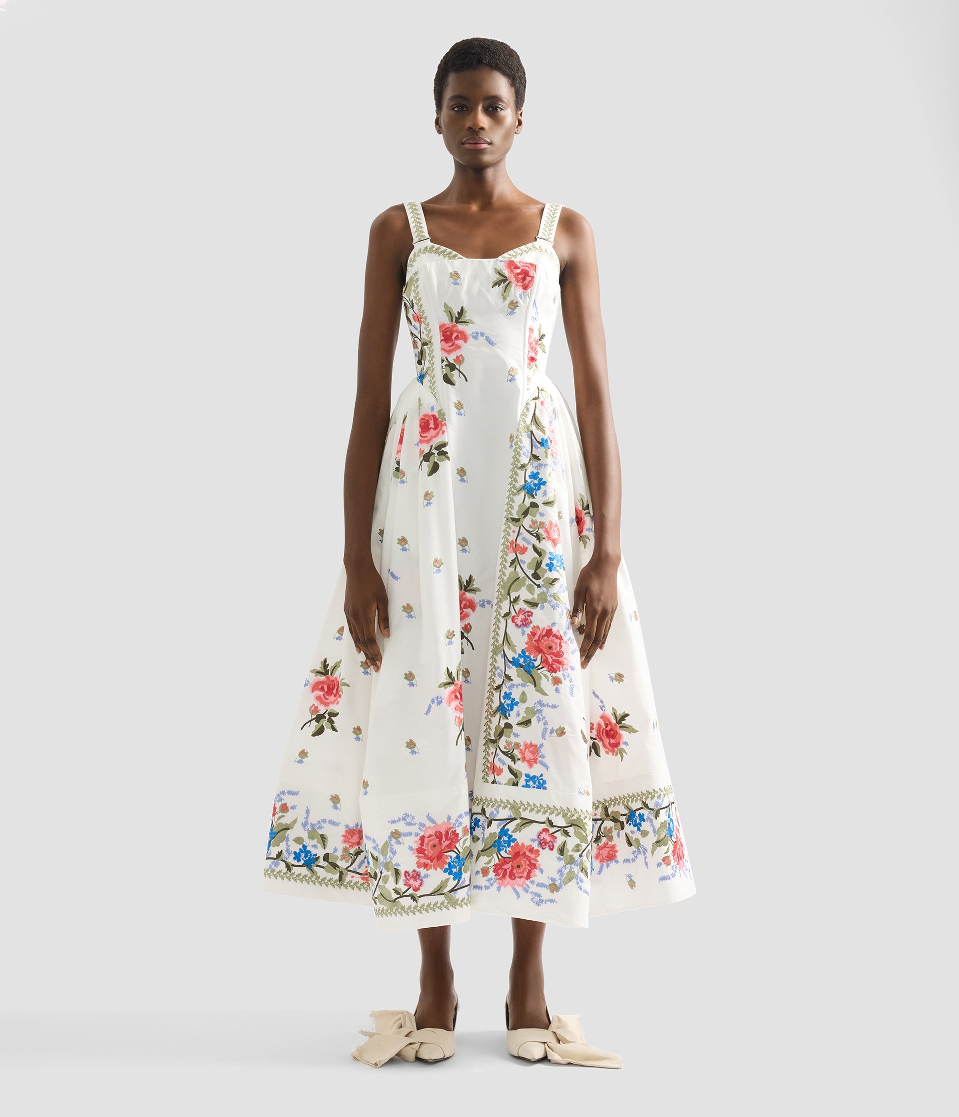 Embroidered Cotton Faille Sleeveless Midi Dress