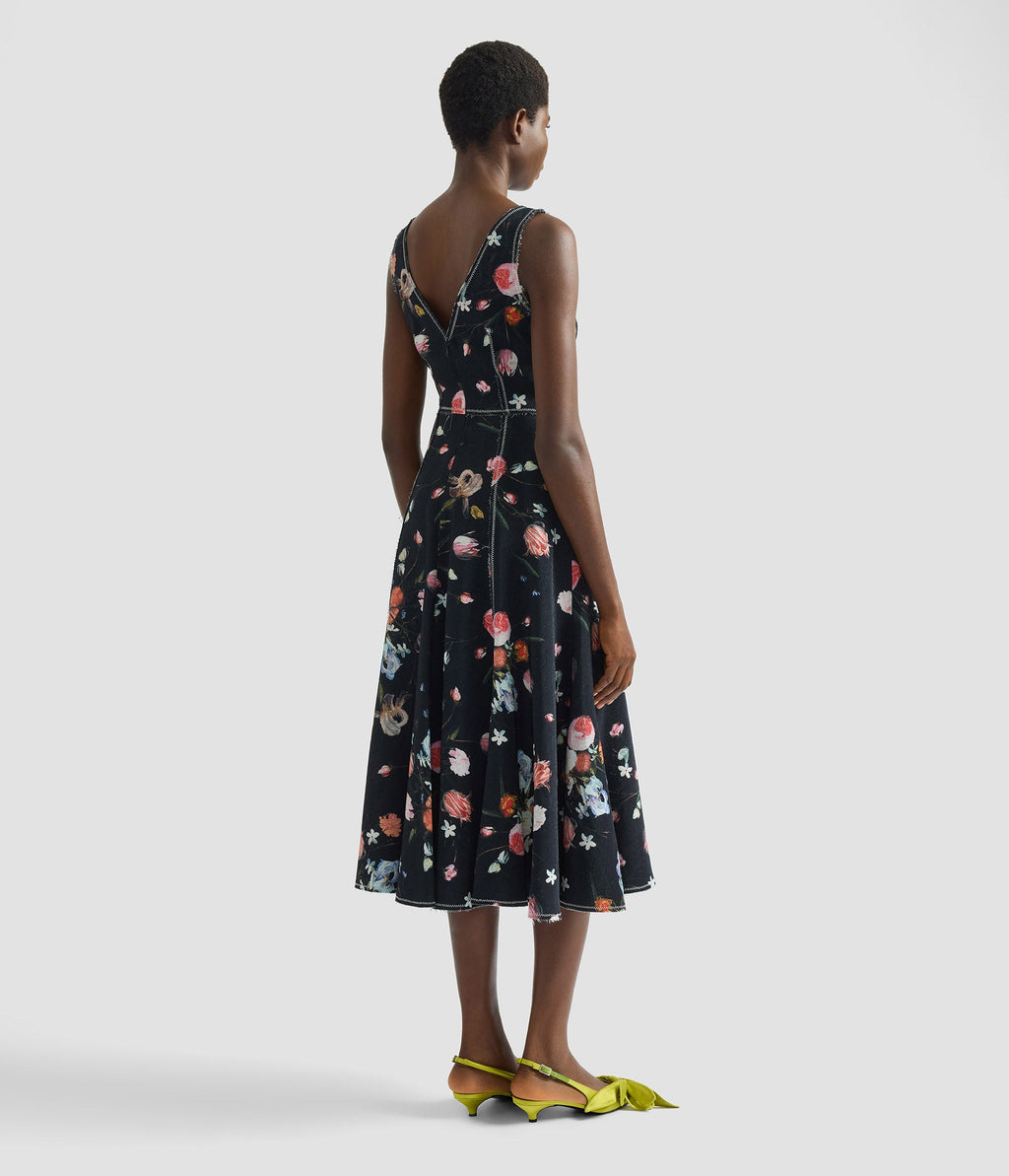Floral Print Textured Twill Sleeveless Midi Dress