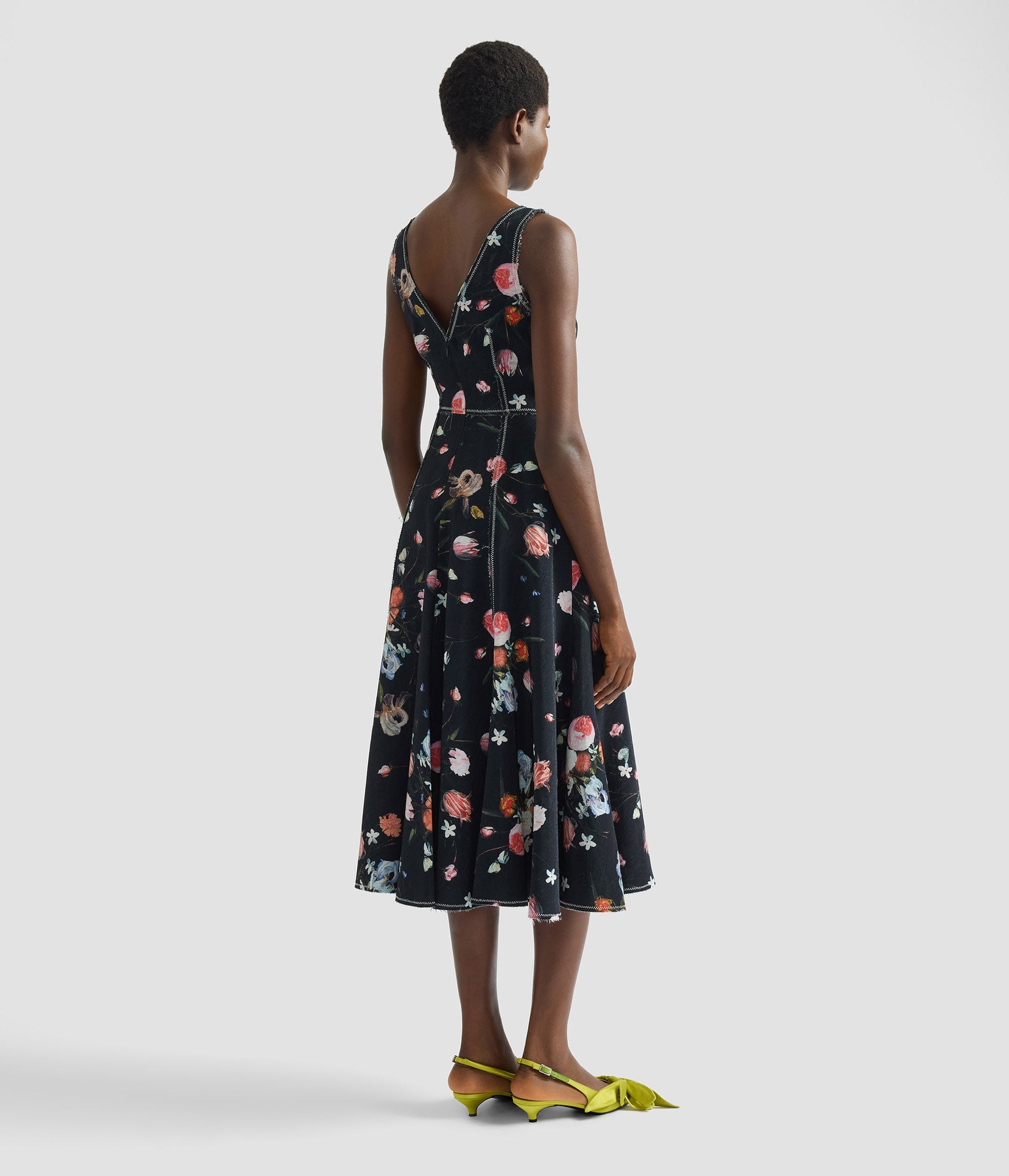 Floral Print Textured Twill Sleeveless Midi Dress