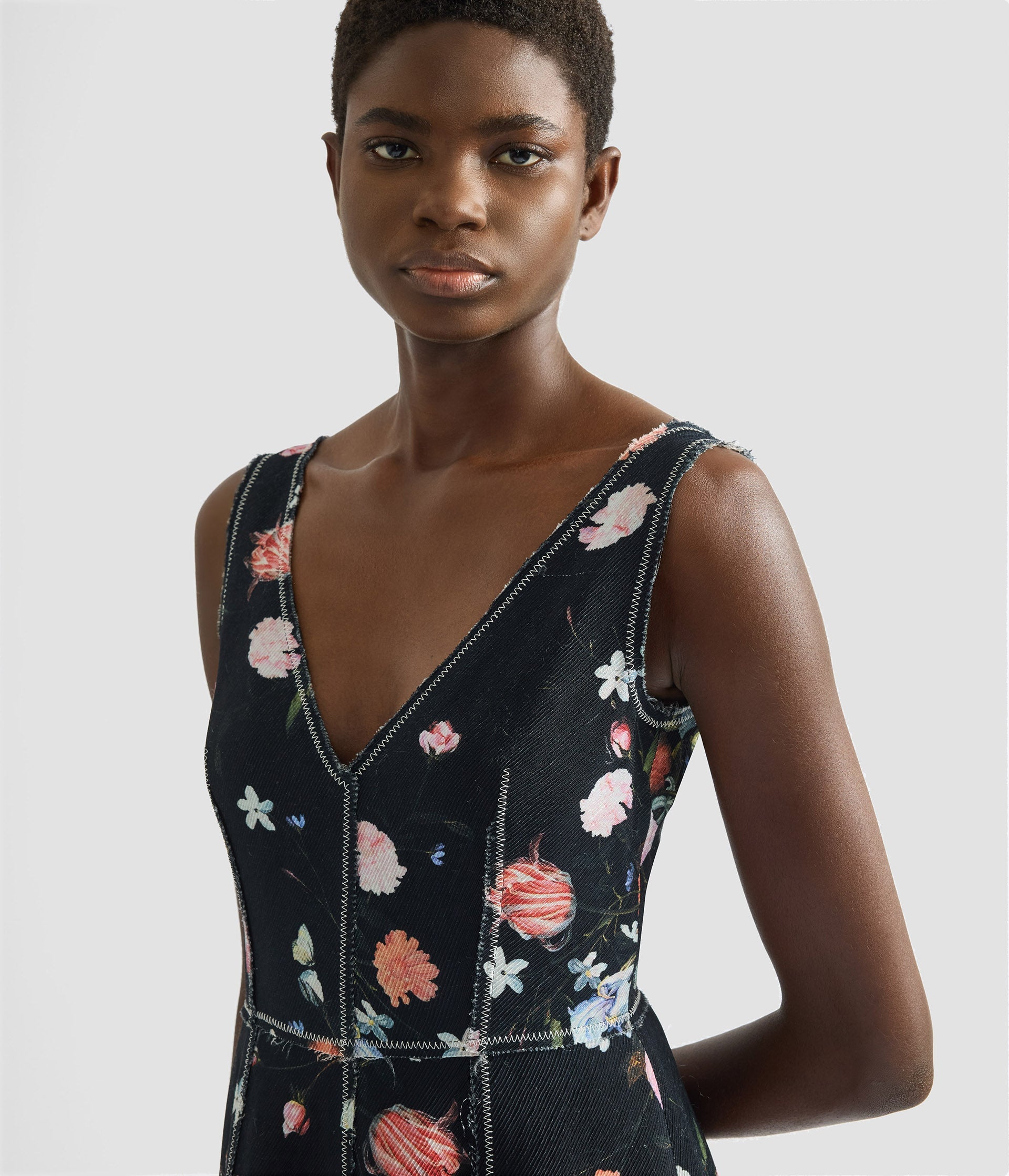 Floral Print Textured Twill Sleeveless Midi Dress