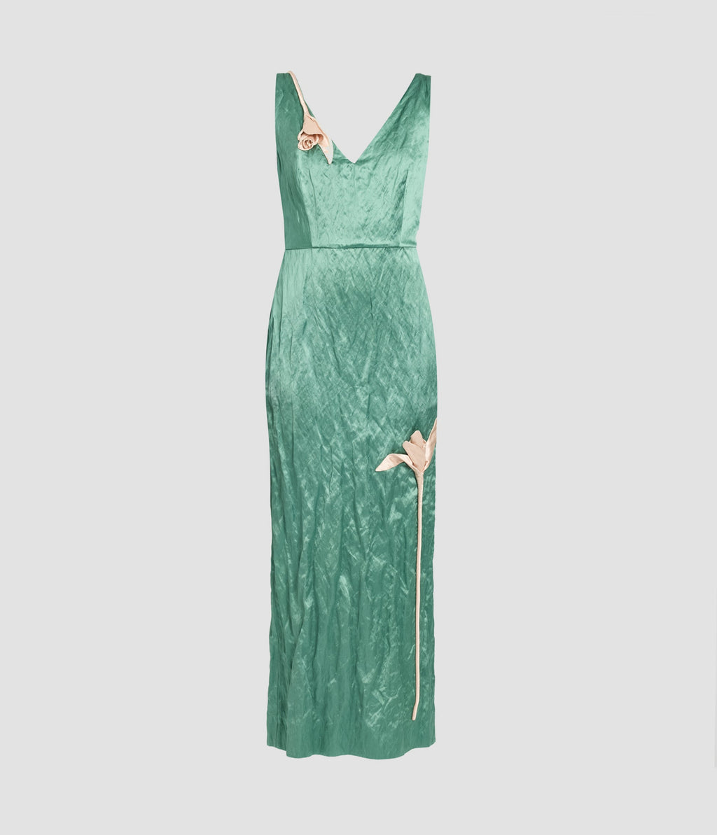 Embroidered Textured Satin Sleeveless Midi Dress