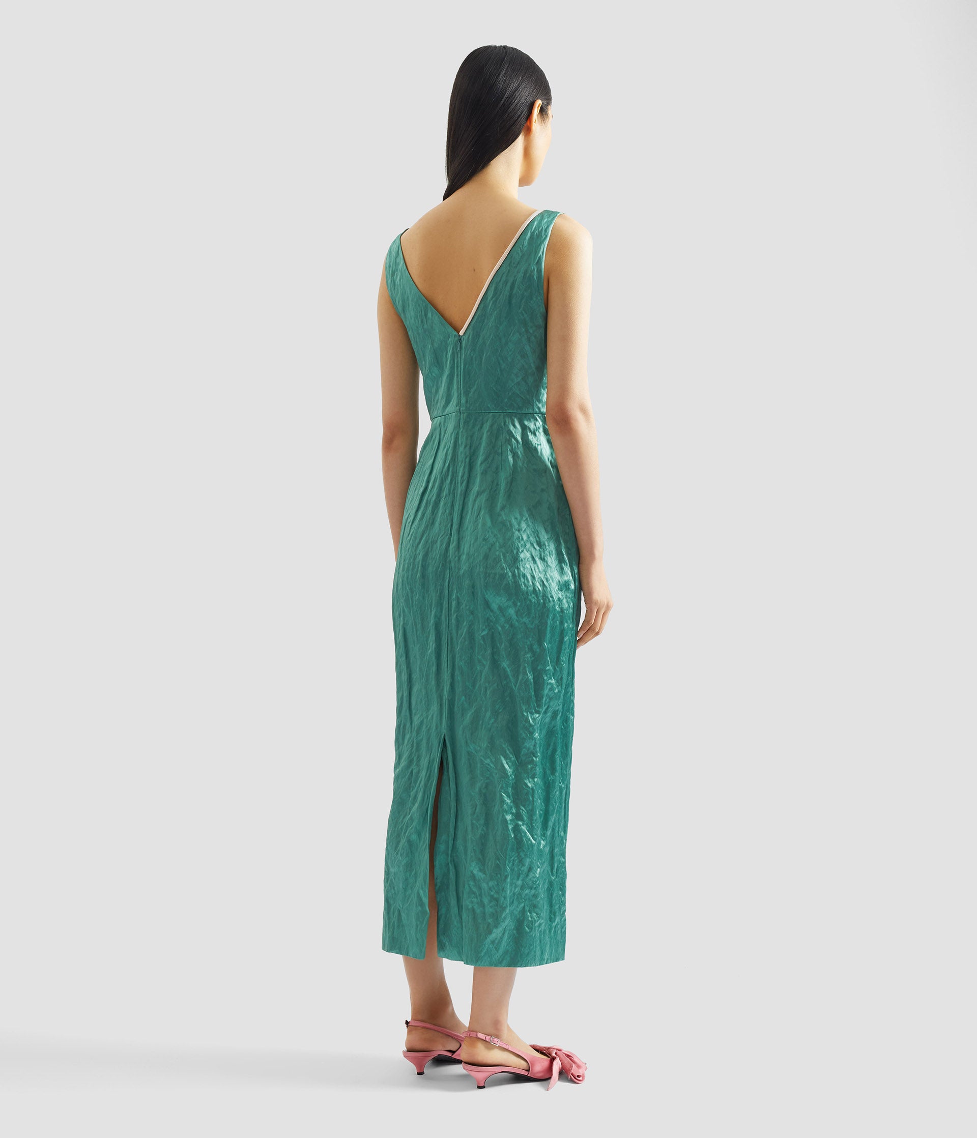 Embroidered Textured Satin Sleeveless Midi Dress