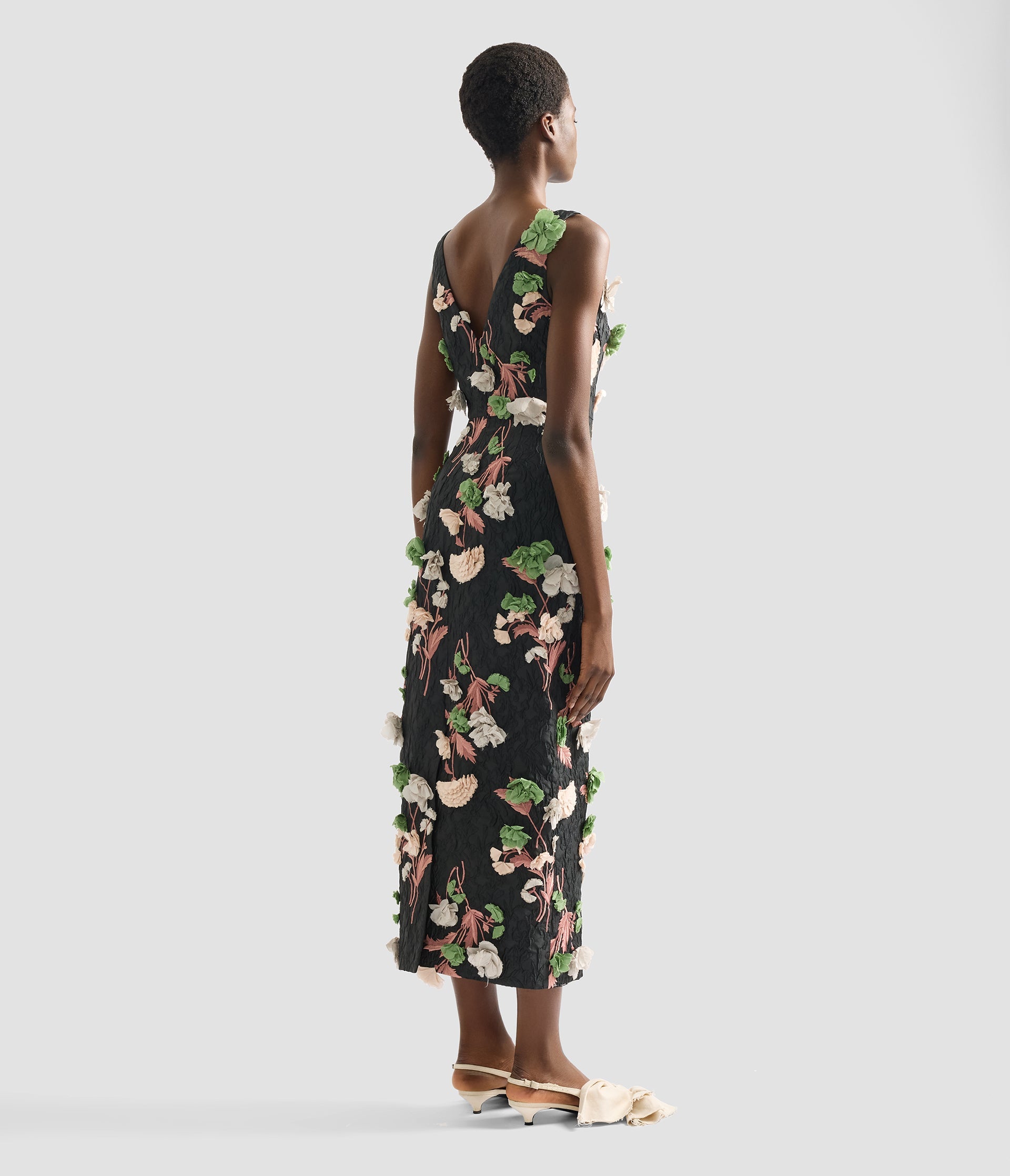 Floral Embroidered Cloque Sleeveless Midi Dress