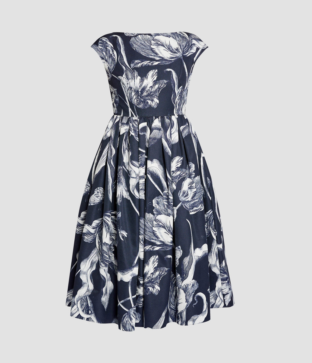 Floral Print Cotton Faille Sleeveless Midi Dress