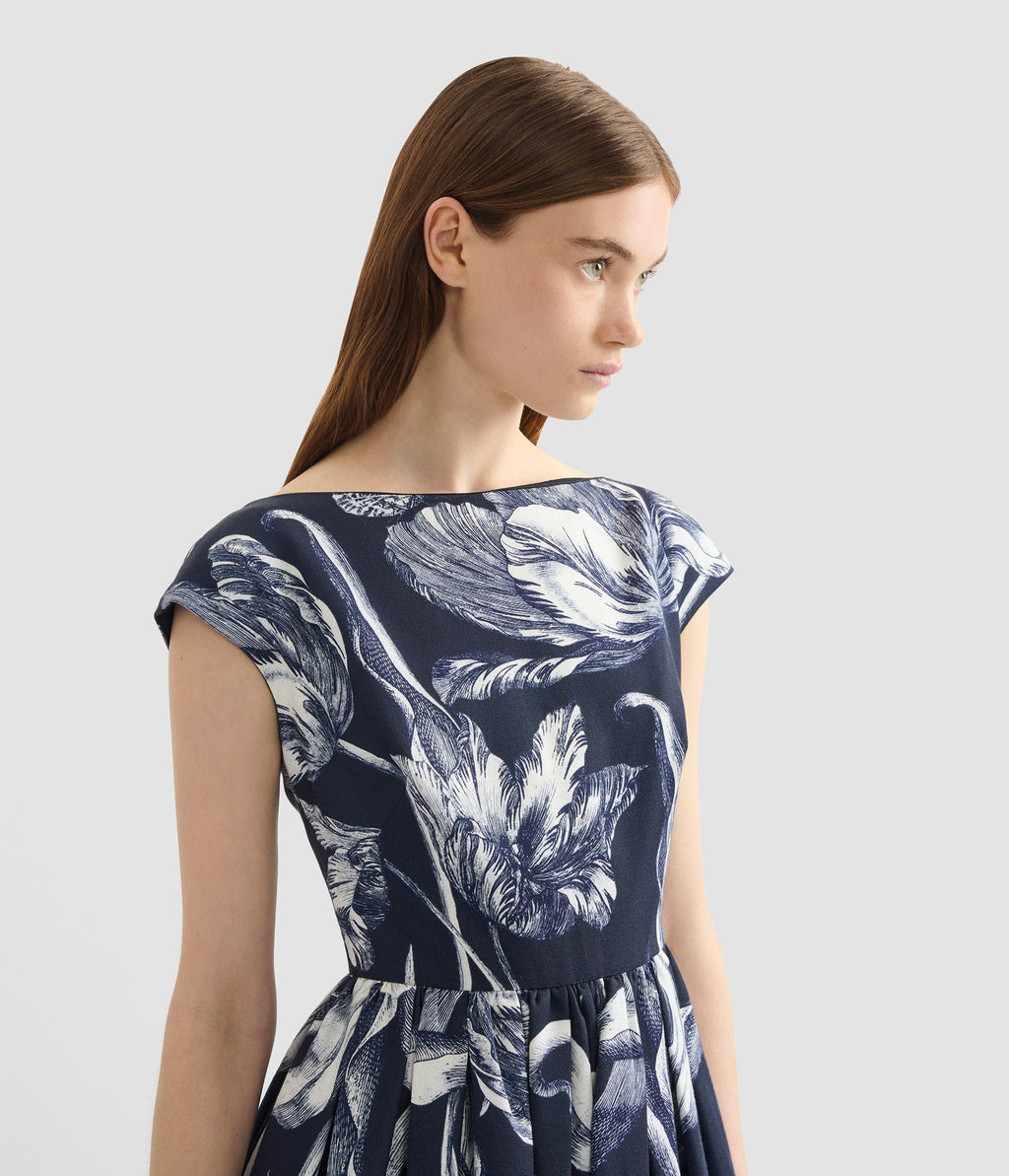 Floral Print Cotton Faille Sleeveless Midi Dress