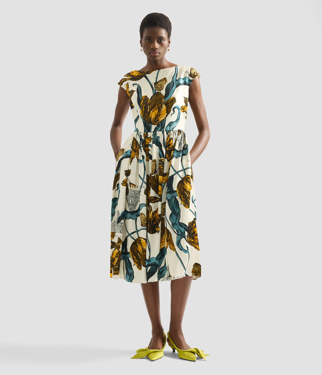 Floral Print Duchess Sleeveless Midi Dress