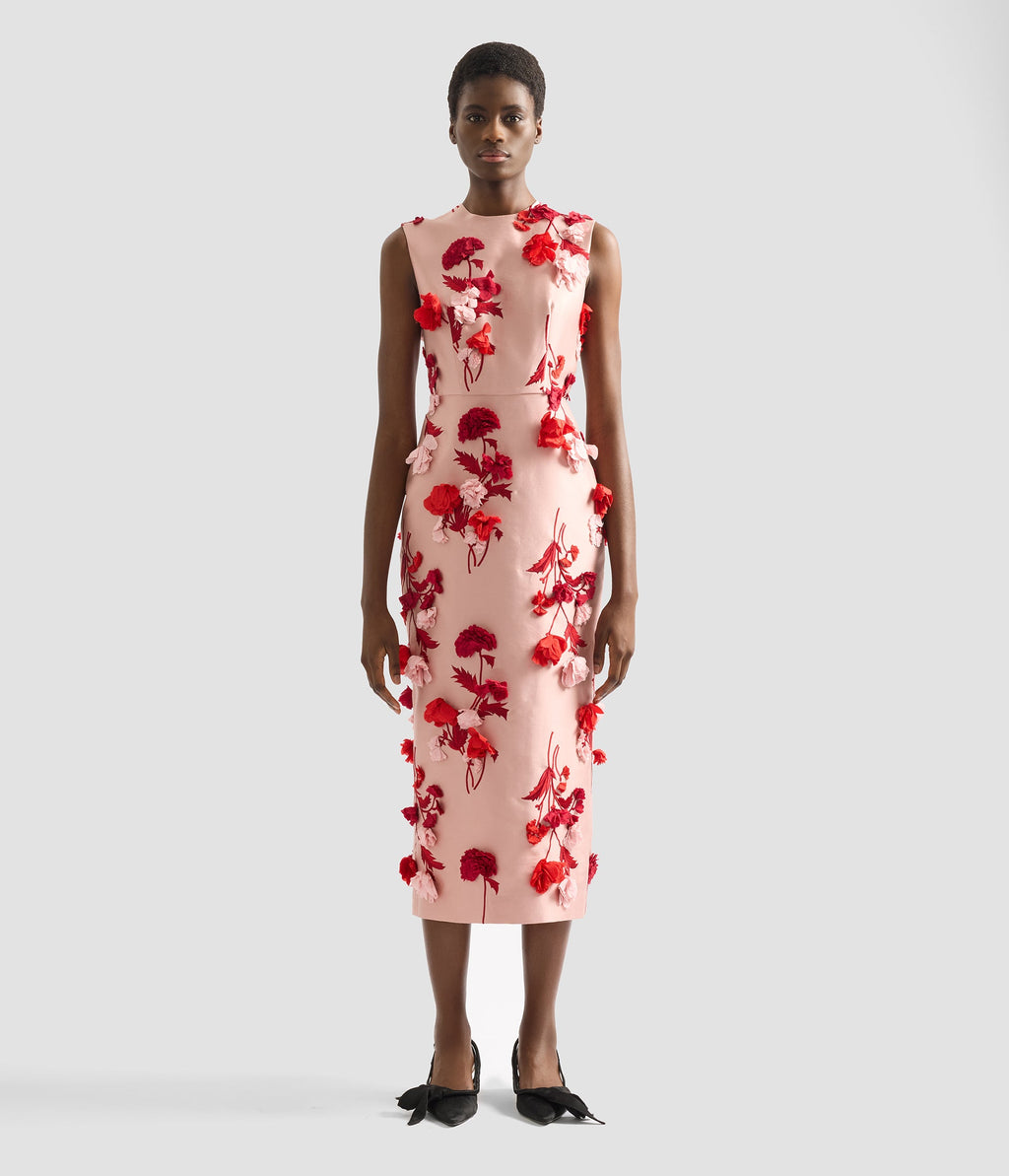 Floral Embroidered Mikado Sleeveless Midi Dress