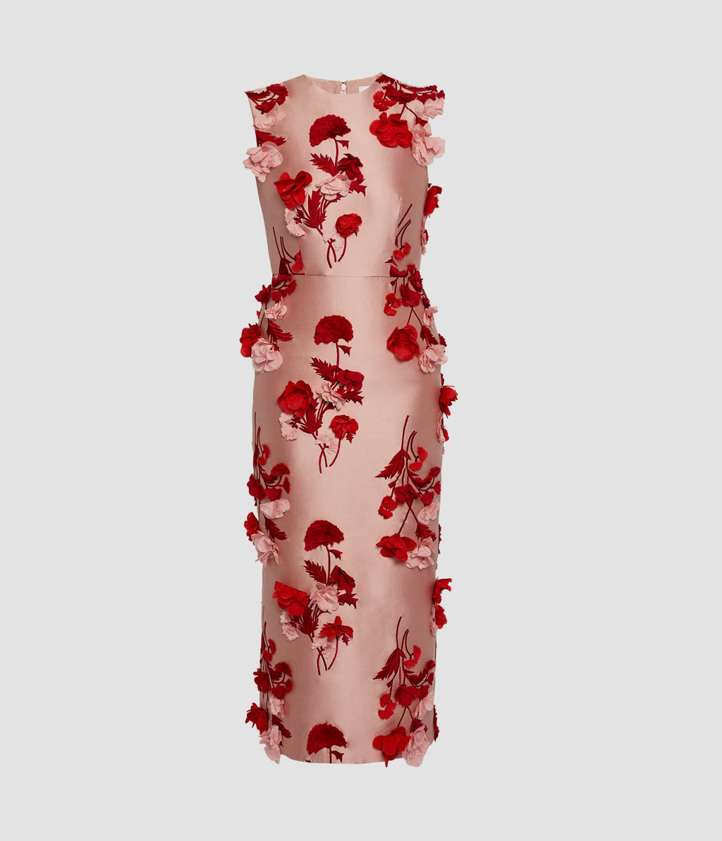 Floral Embroidered Mikado Sleeveless Midi Dress