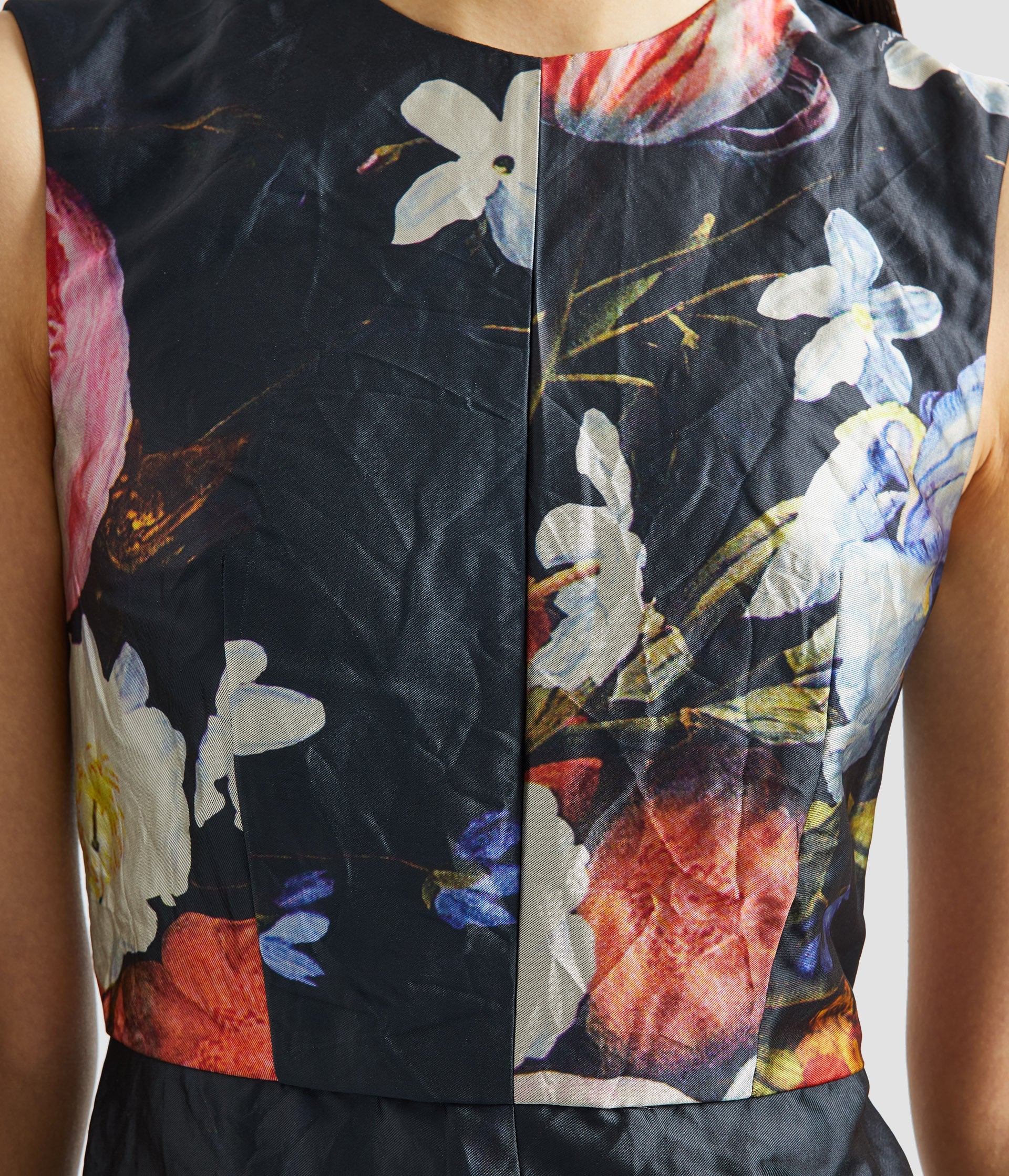 Floral Print Textured Satin Sleeveless Midi Dress