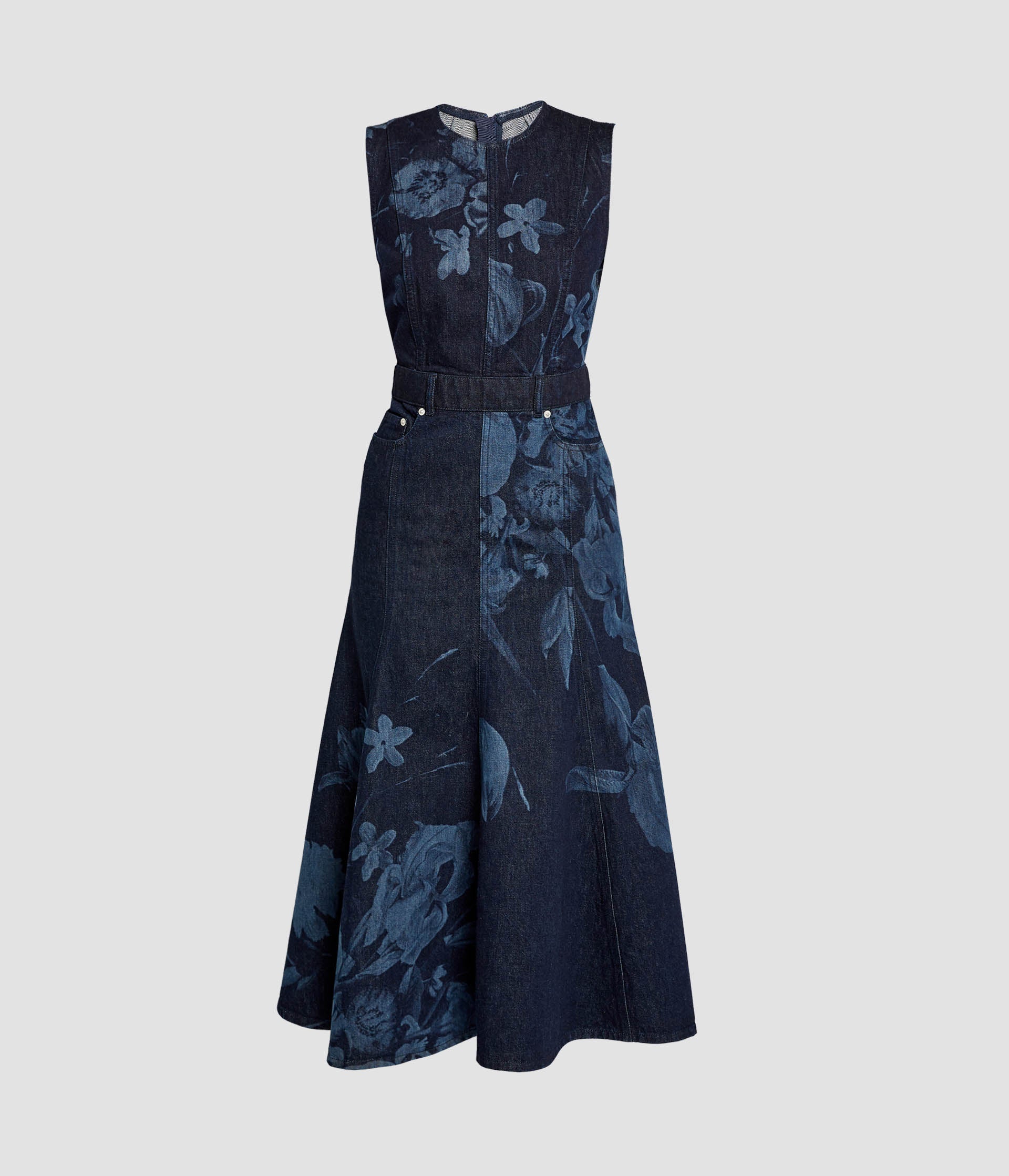 Printed Denim Sleeveless Midi Dress