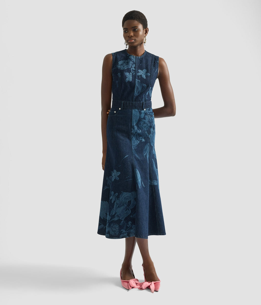 Printed Denim Sleeveless Midi Dress
