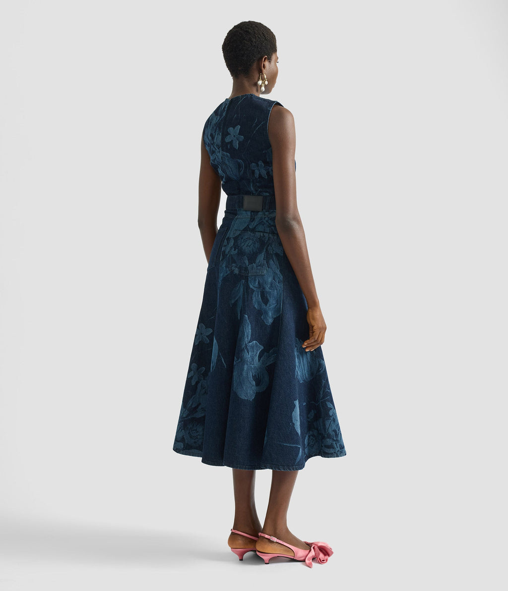 Printed Denim Sleeveless Midi Dress