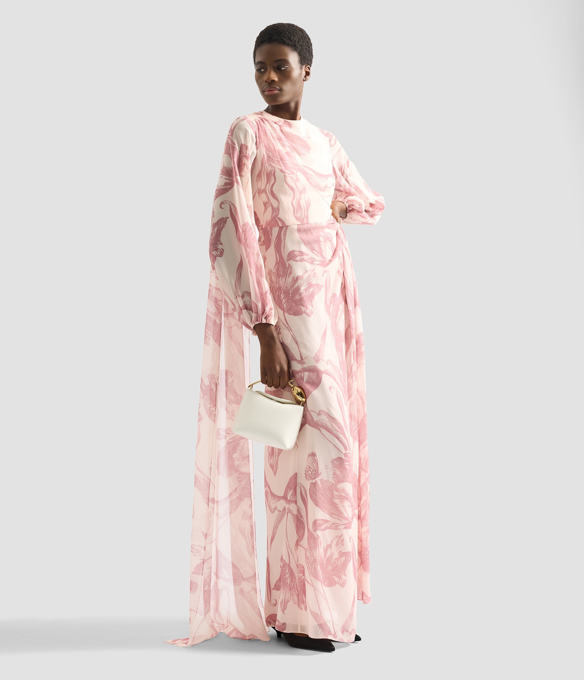 Draped Floral Print Silk Voile Gown