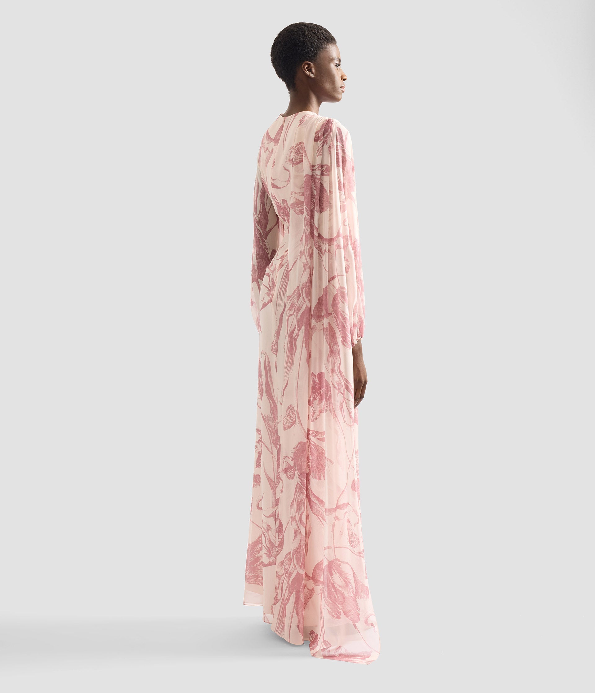 Draped Floral Print Silk Voile Gown