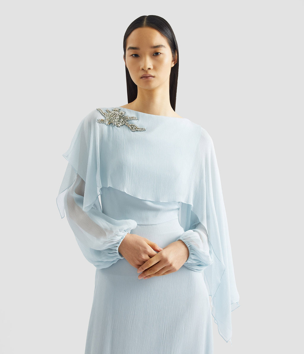 Embellished Silk Creponne Long Sleeve Gown