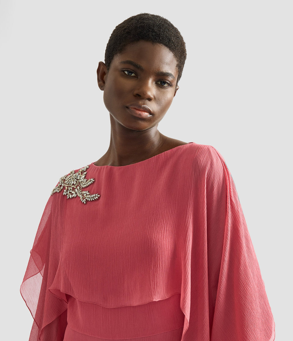 Embellished Silk Creponne Long Sleeve Gown