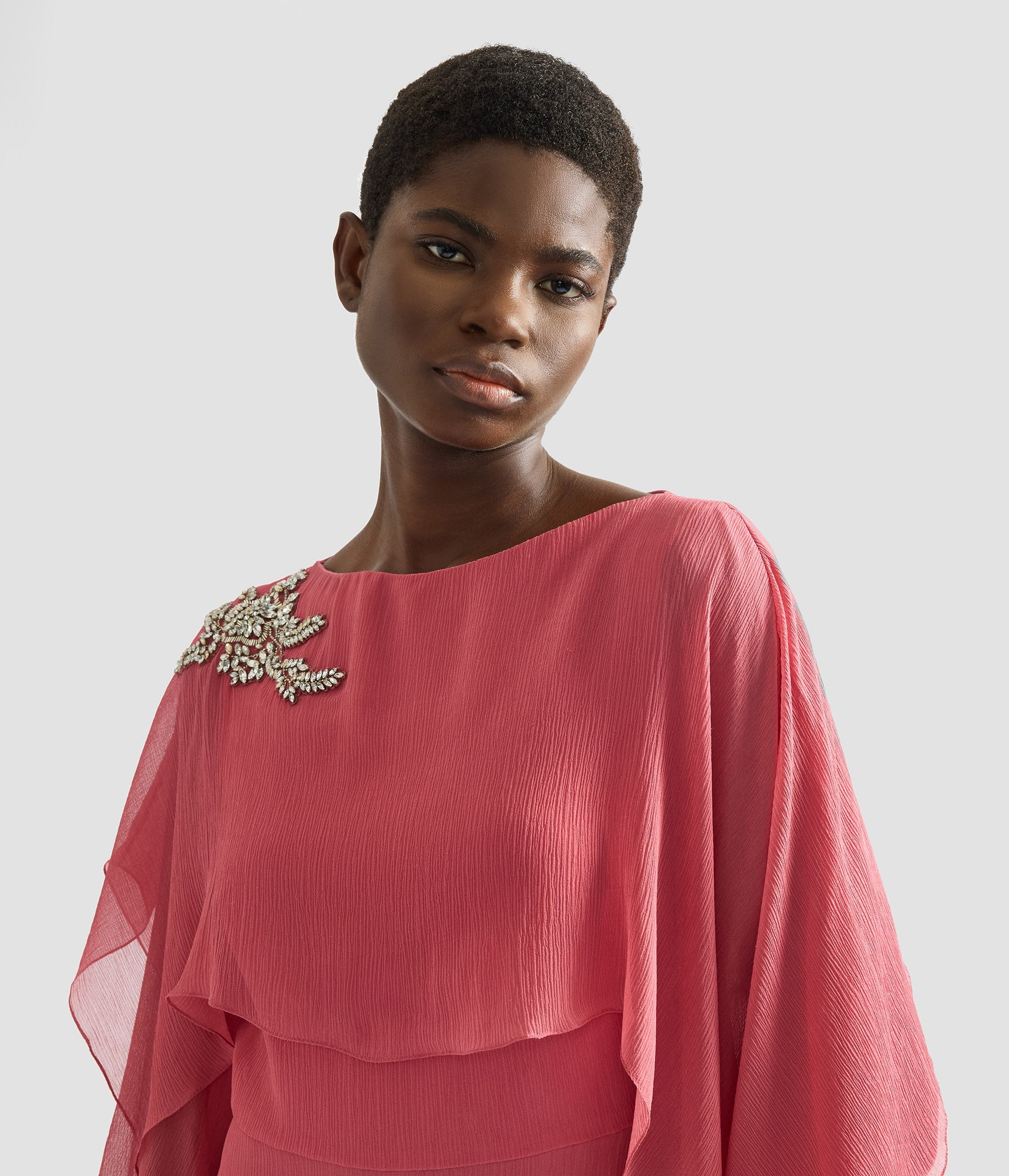Embellished Silk Creponne Long Sleeve Gown