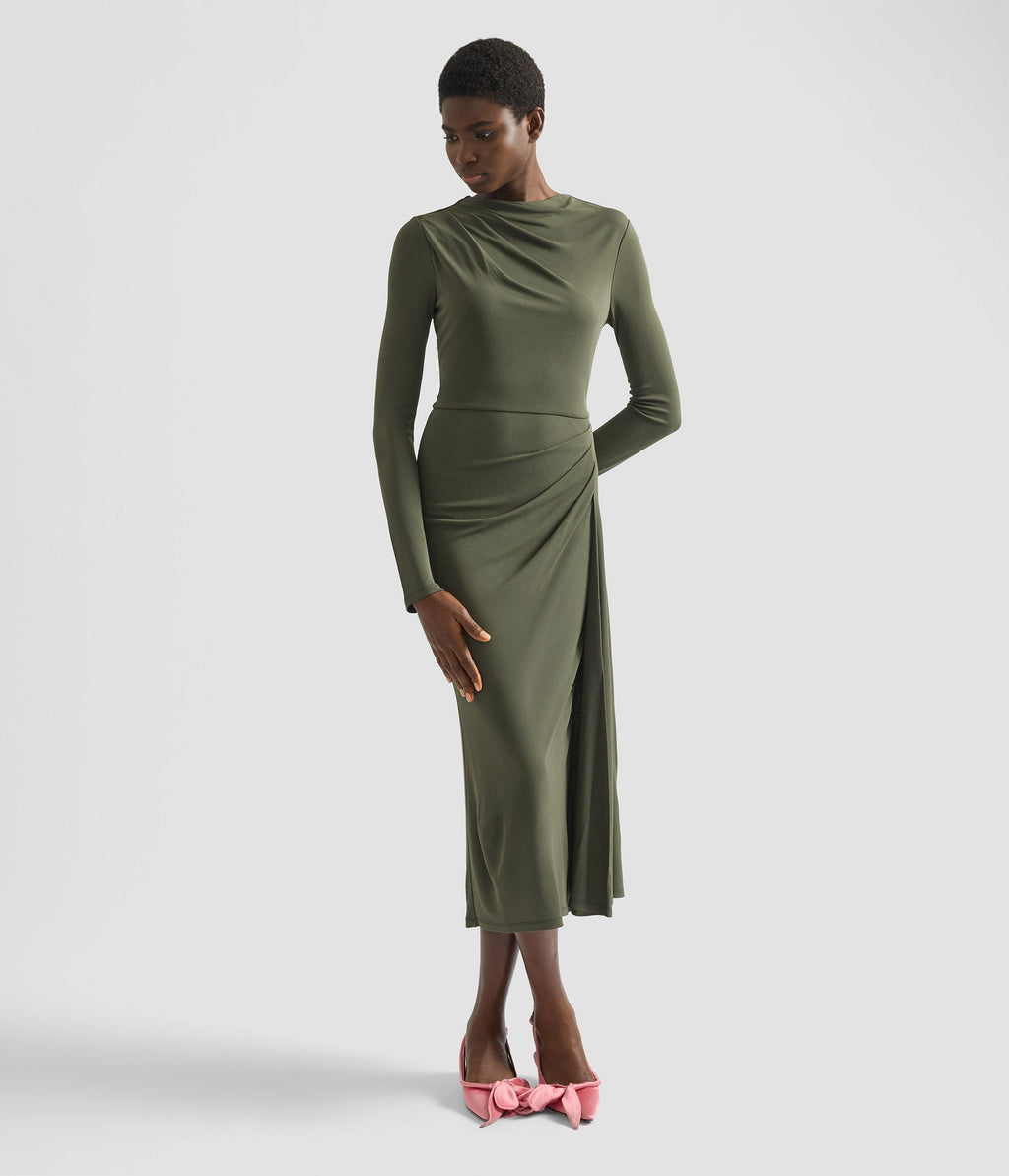 Fluid Crepe Jersey Long Sleeve Midi Dress