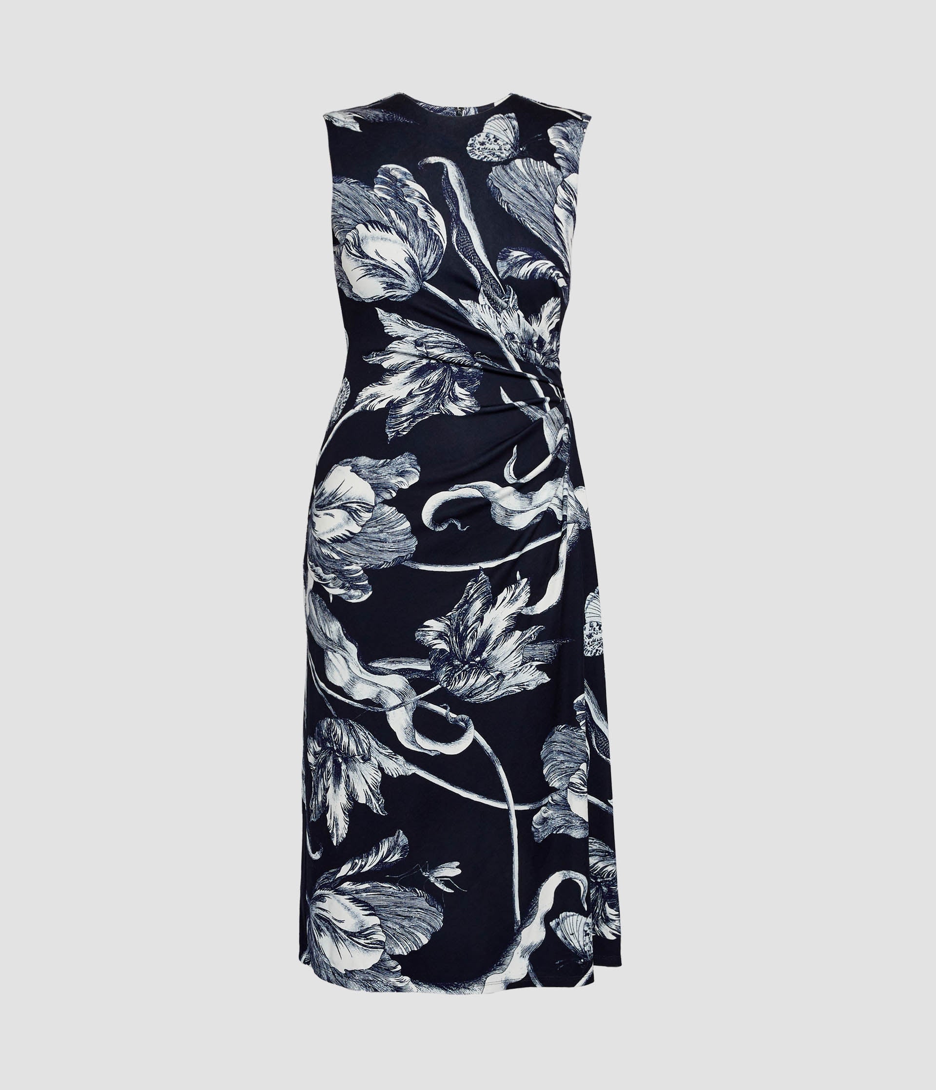 Floral Print Ponte Jersey Sleeveless Midi Dress