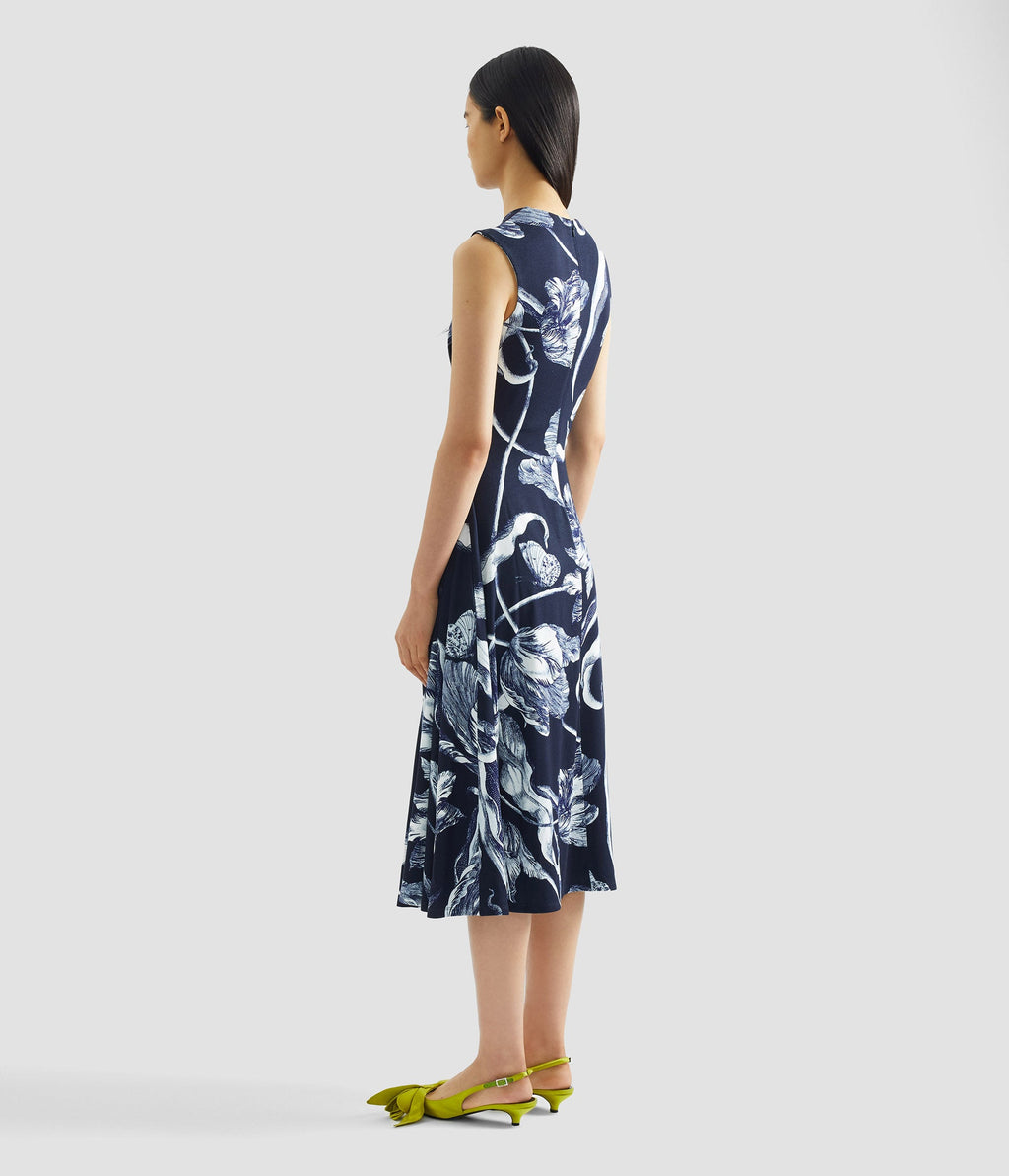 Floral Print Ponte Jersey Sleeveless Midi Dress
