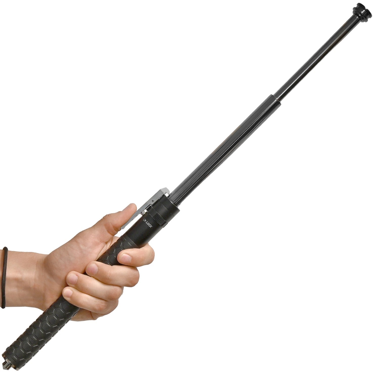 A hand holding an extended 26" Police Force Tactical Automatic Expandable Steel Baton