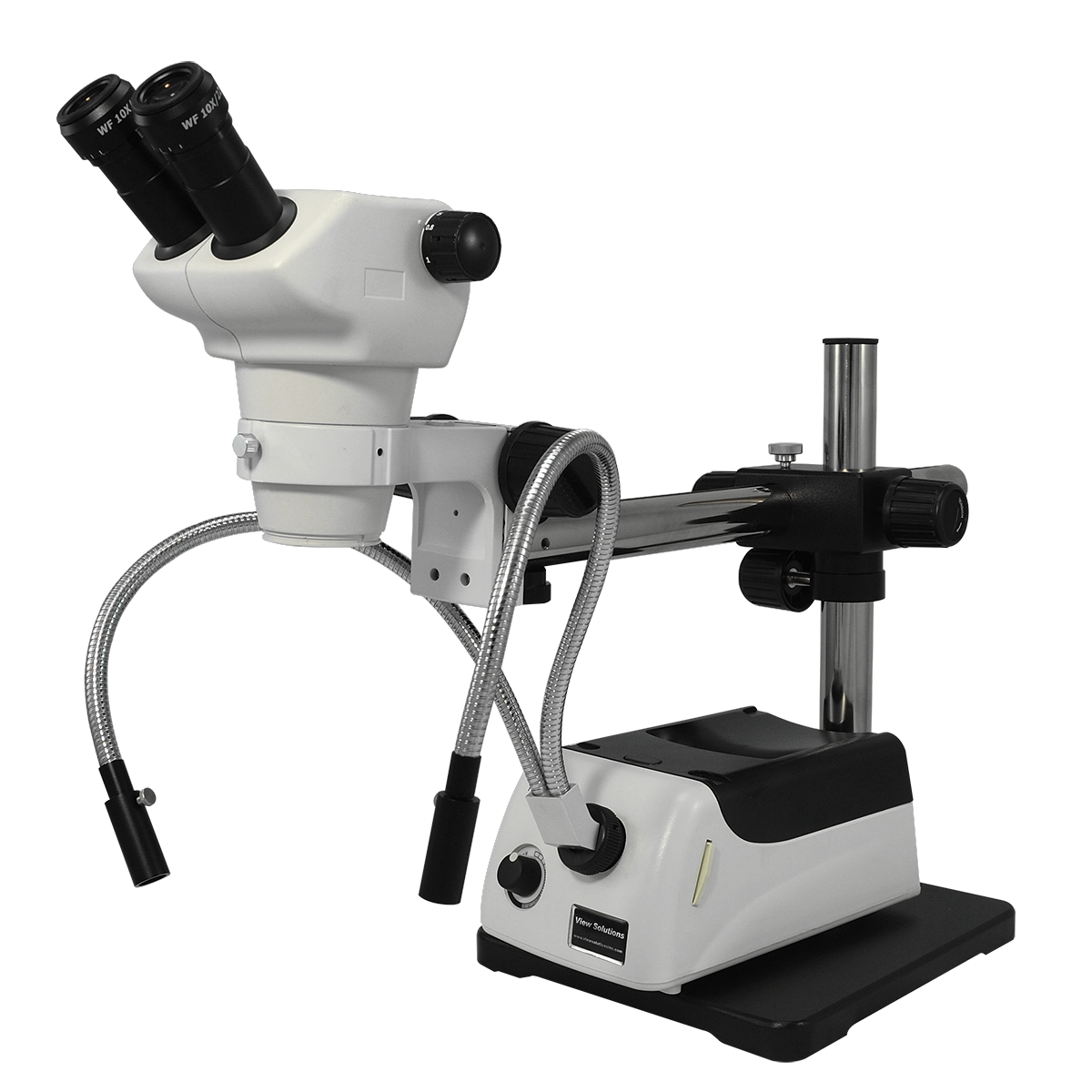 8X-50X Widefield Zoom Stereo Microscope, Binocular, Single Arm Boom Stand + Halogen Fiber Optic Illuminator, SKU SZ02030422, three quarter front view