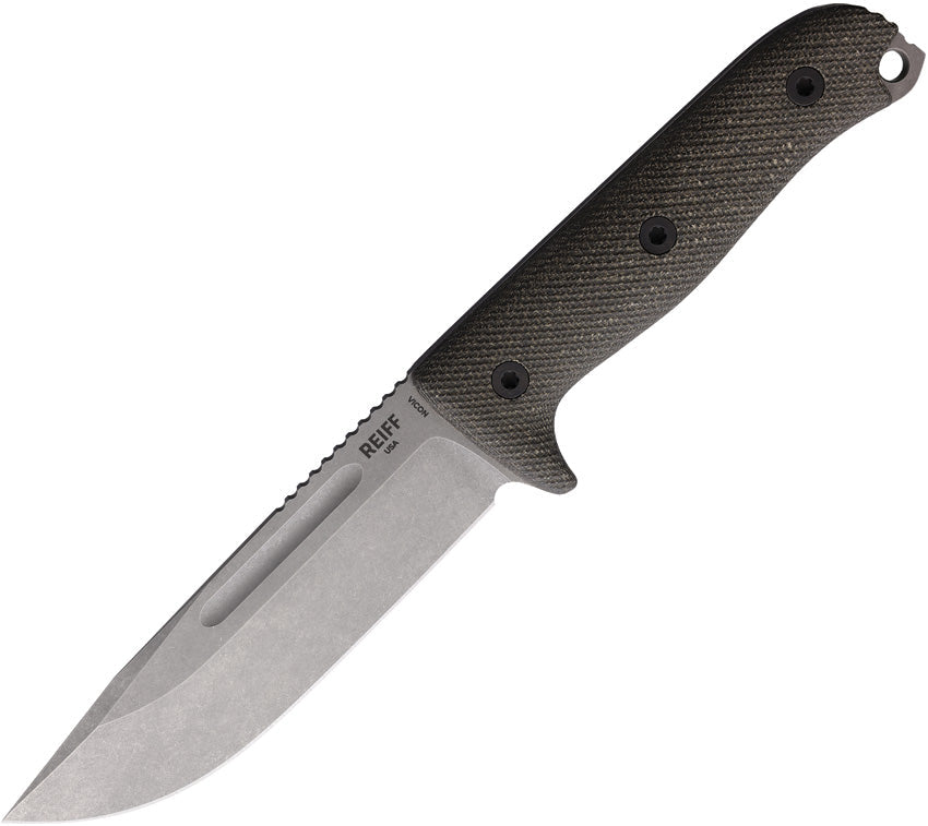 Reiff Knives Vicon fixed blade knife with satin finish blade and black G10 handle.
