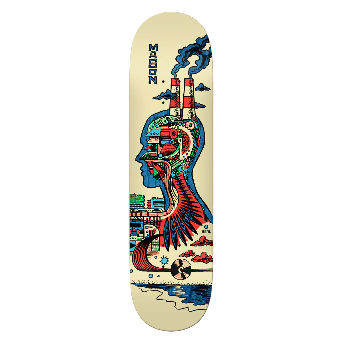 Skateboard deck with colorful artistic design on a beige background