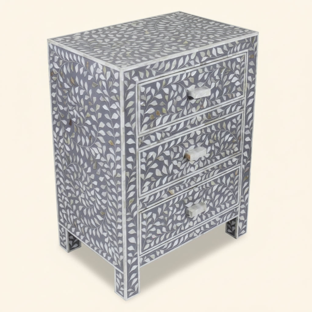 Mother of Pearl Inlay Floral Design With 3 Drawers Bedside Table , Mother of Pearl Inlay Floral Design Nightstand Table , Mother of Pearl Inlay Storage, Bedroom Furniture - Hansa Handicraft