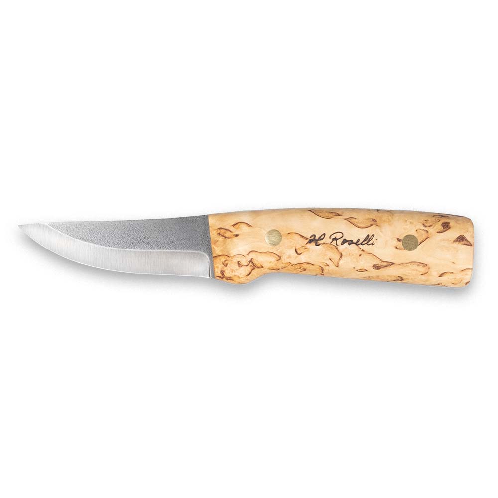 Handmade Finnish hunting knife with a full tang blade and a handle made out of curly birch