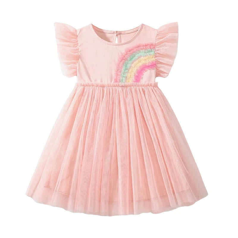 Girls Embroidered Cartoon Rainbow Mesh Dress