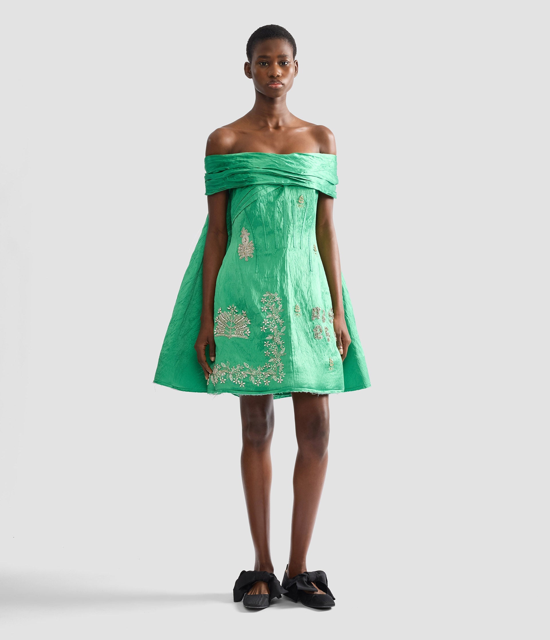 Embellished Textured Satin Off Shoulder Mini Dress