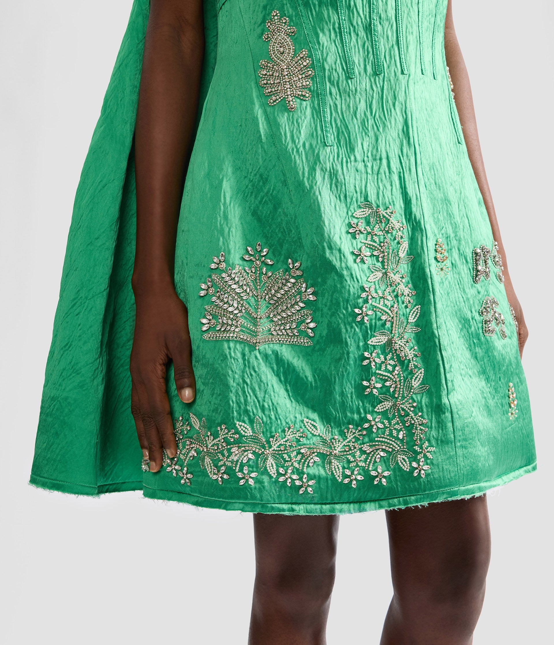 Embellished Textured Satin Off Shoulder Mini Dress