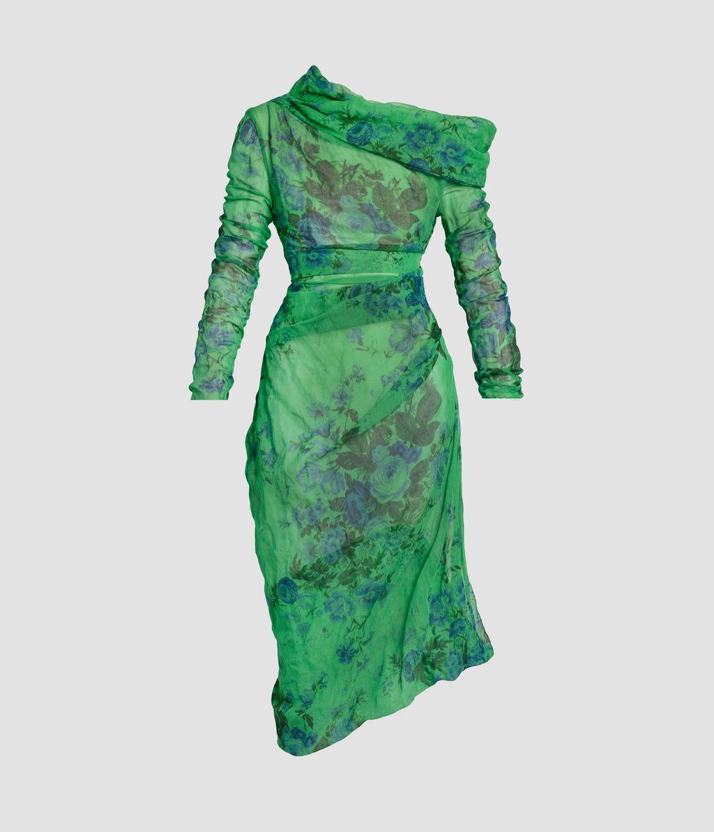 Floral Print Organza Cloque Draped Midi Dress