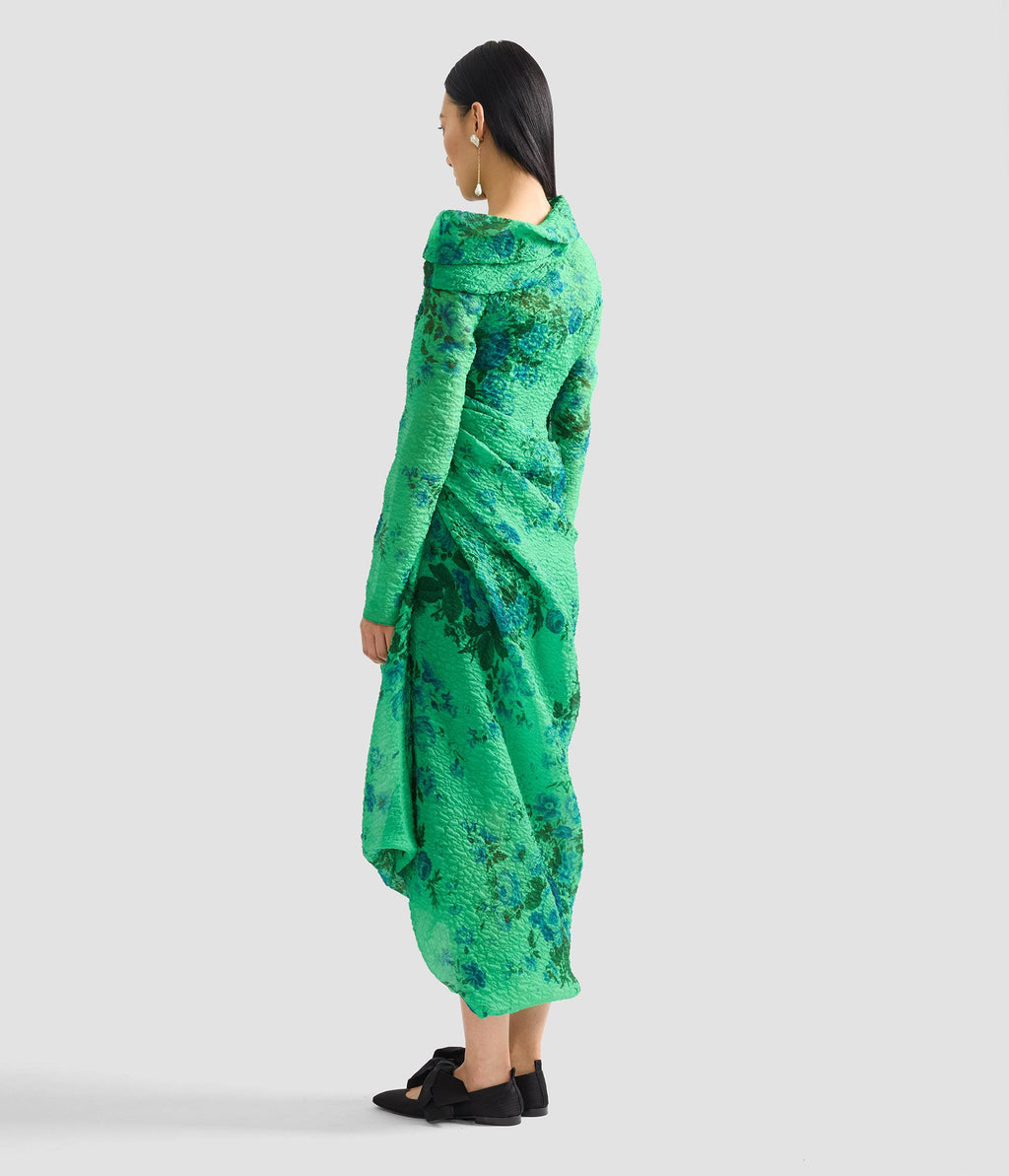 Floral Print Organza Cloque Draped Midi Dress