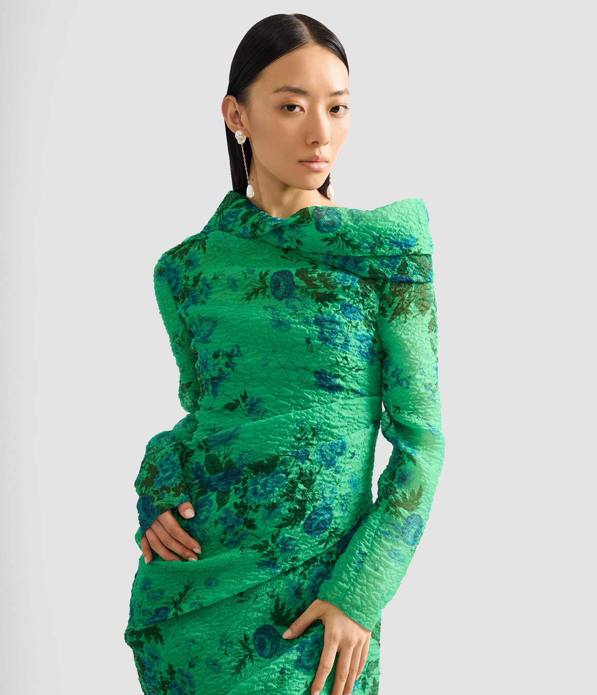 Floral Print Organza Cloque Draped Midi Dress
