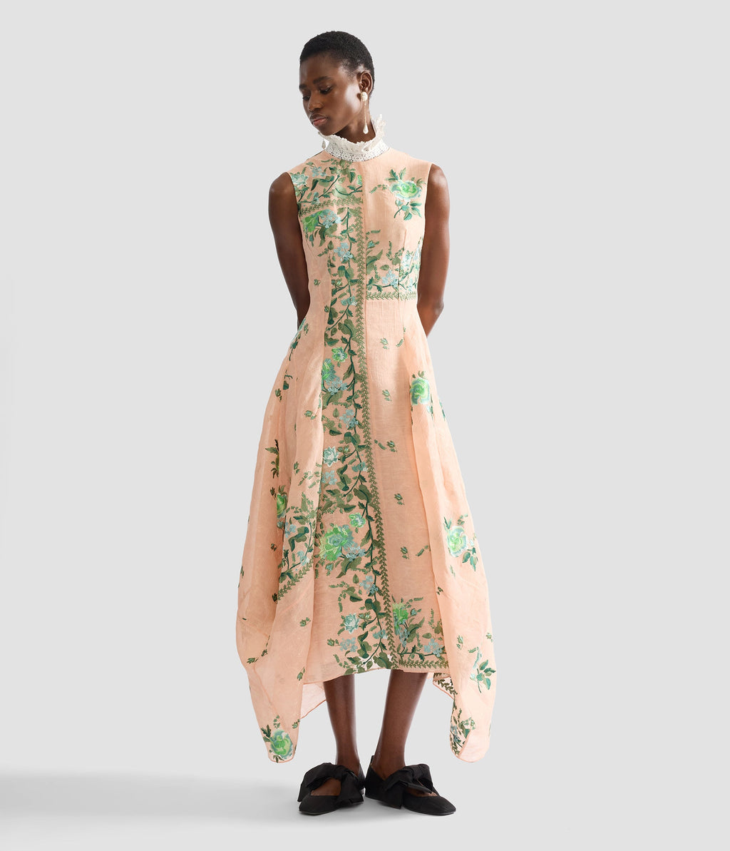 Embroidered Organza Draped Midi Dress