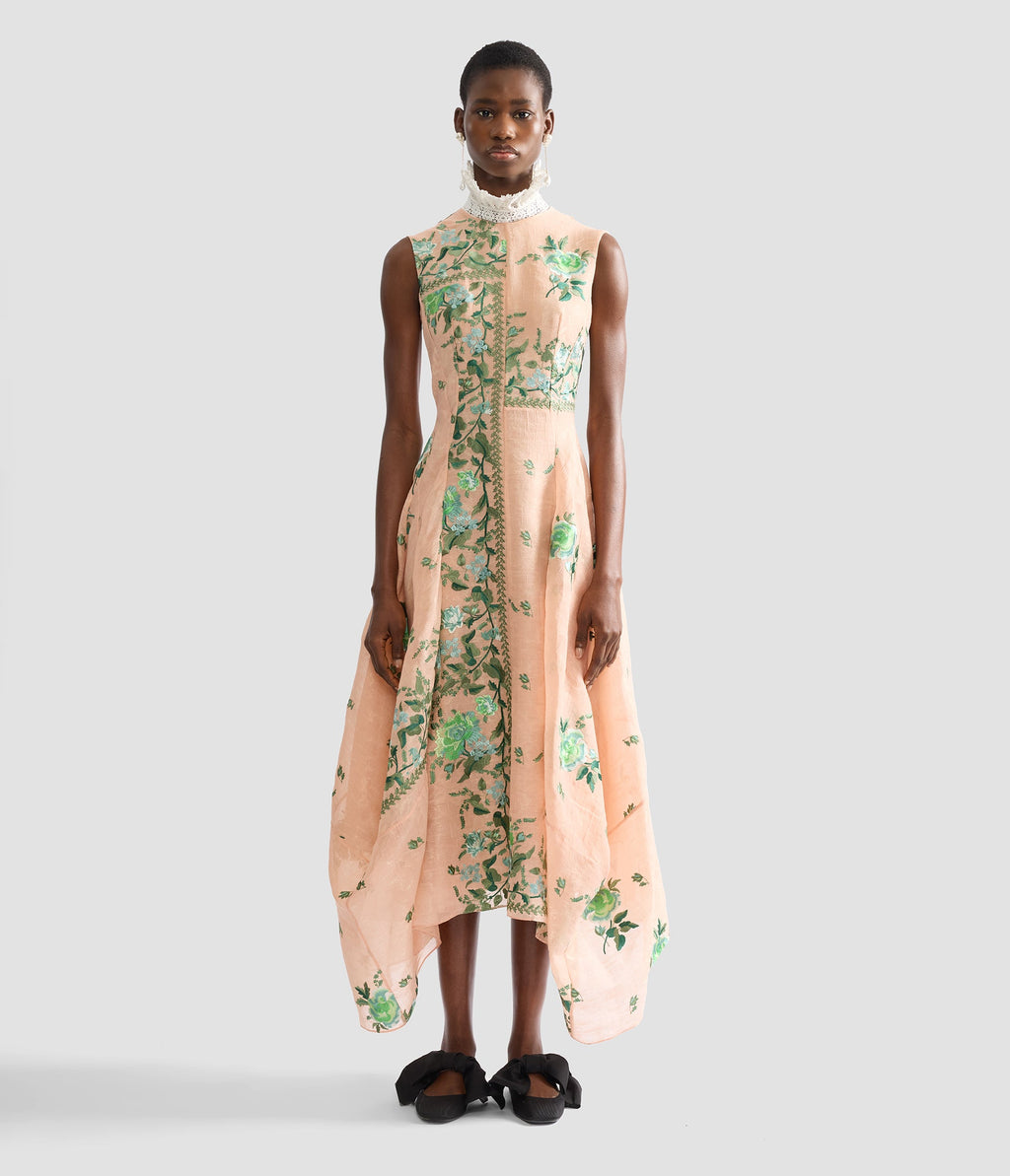 Embroidered Organza Draped Midi Dress