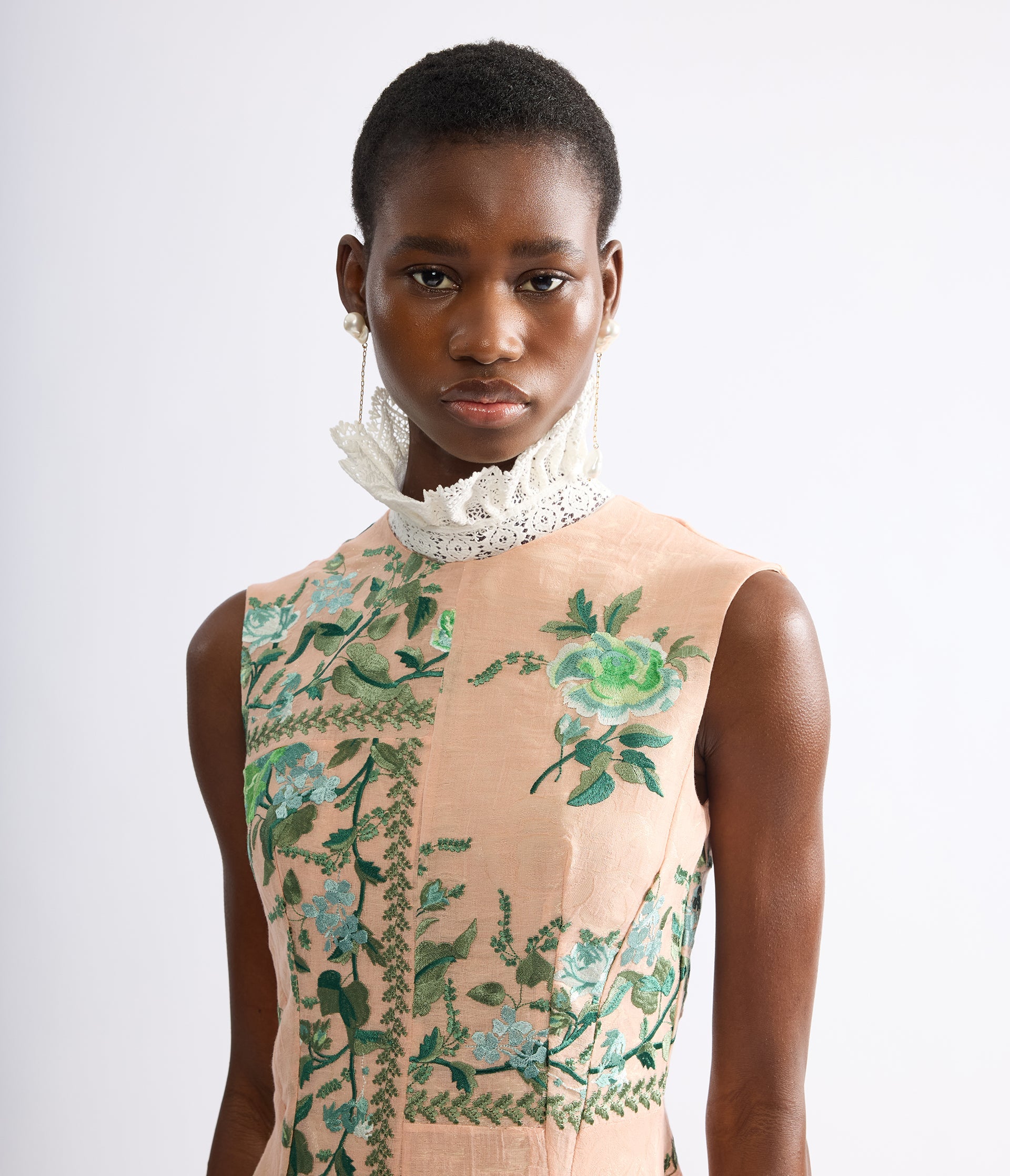 Embroidered Organza Draped Midi Dress
