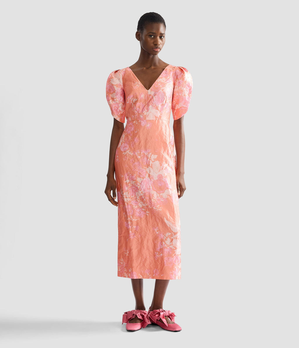 Floral Print Textured Satin Midi Pencil Dress