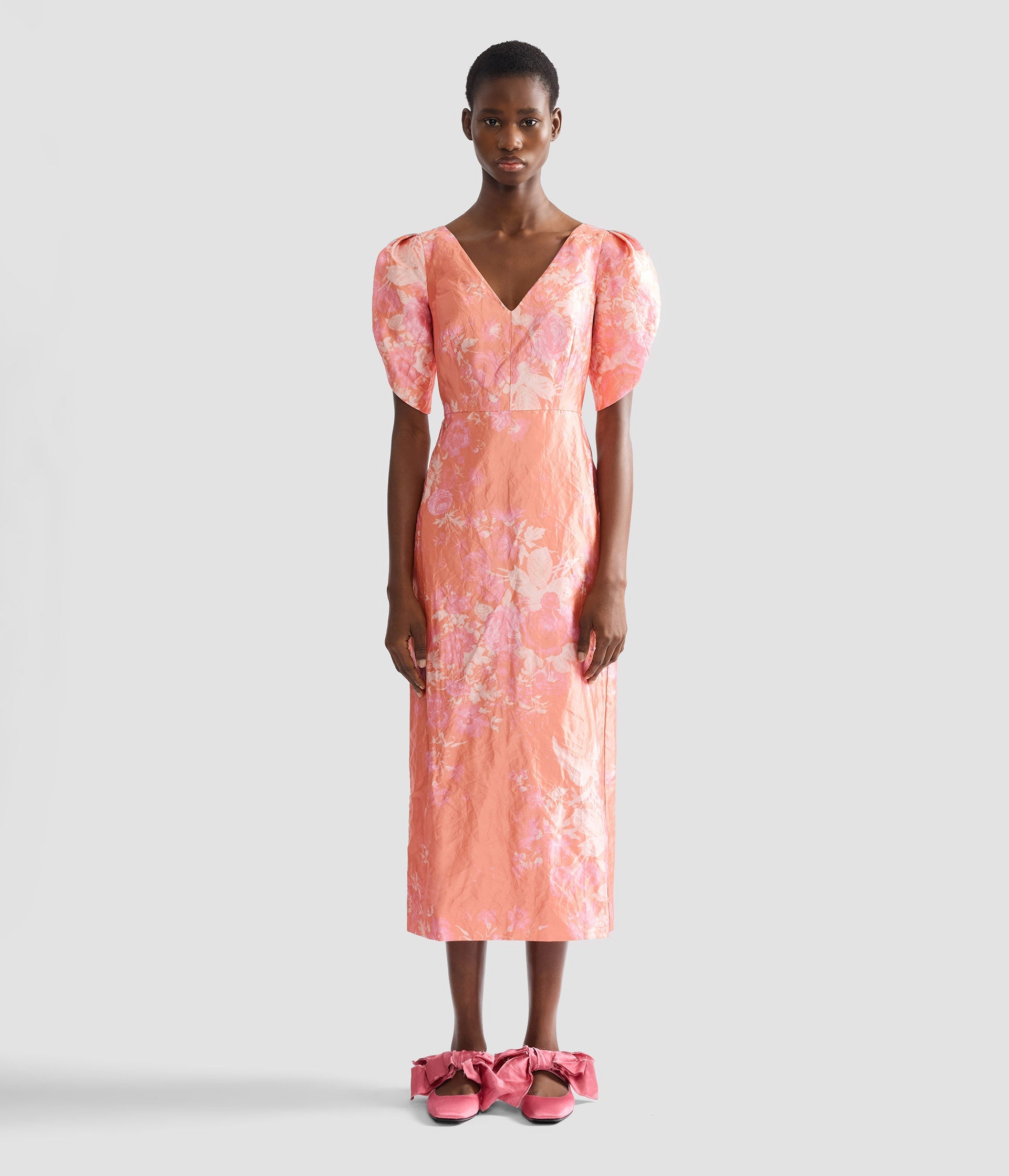 Floral Print Textured Satin Midi Pencil Dress