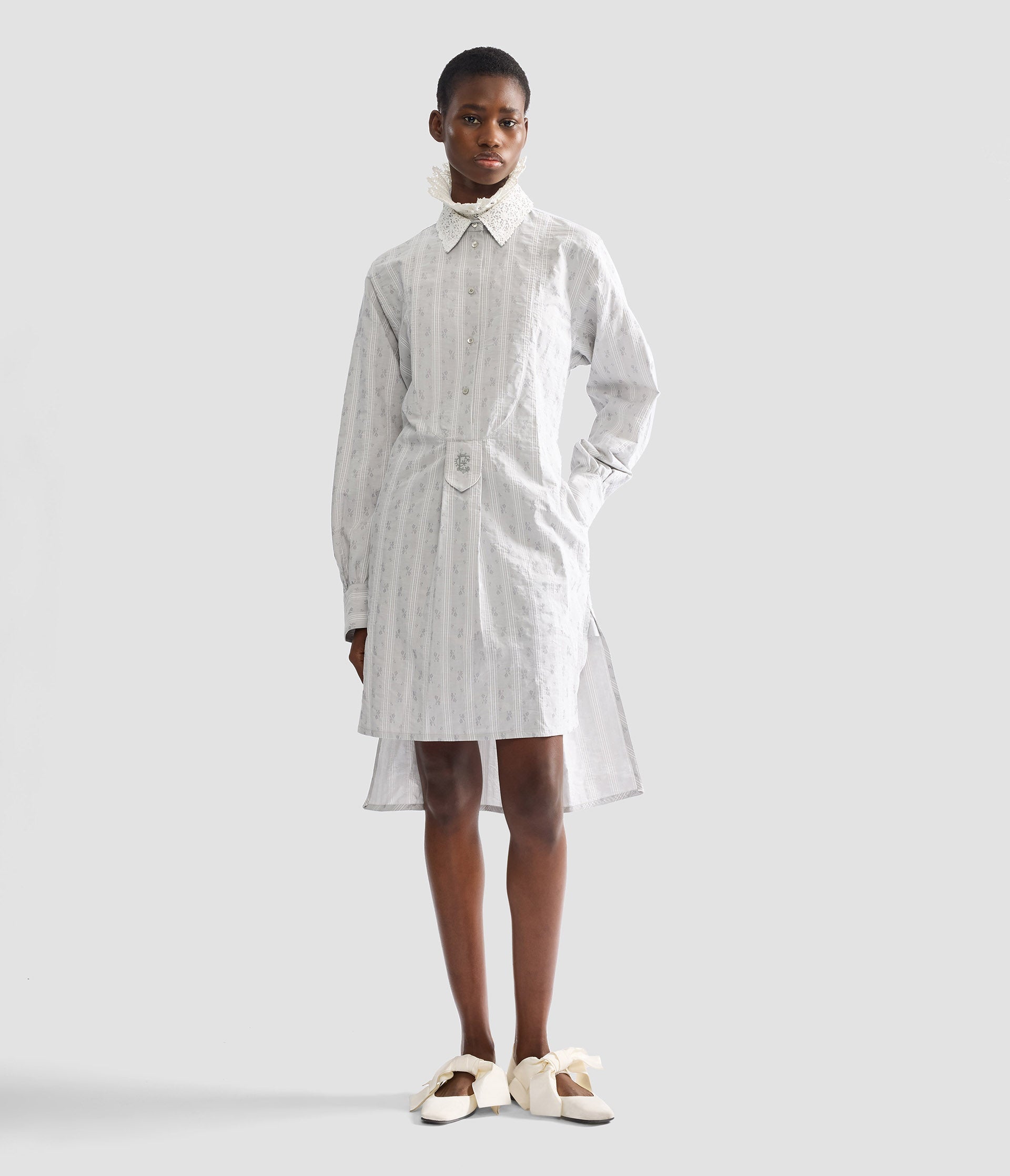 Ditsy Cotton Stripe Long Sleeve Mini Shirt Dress