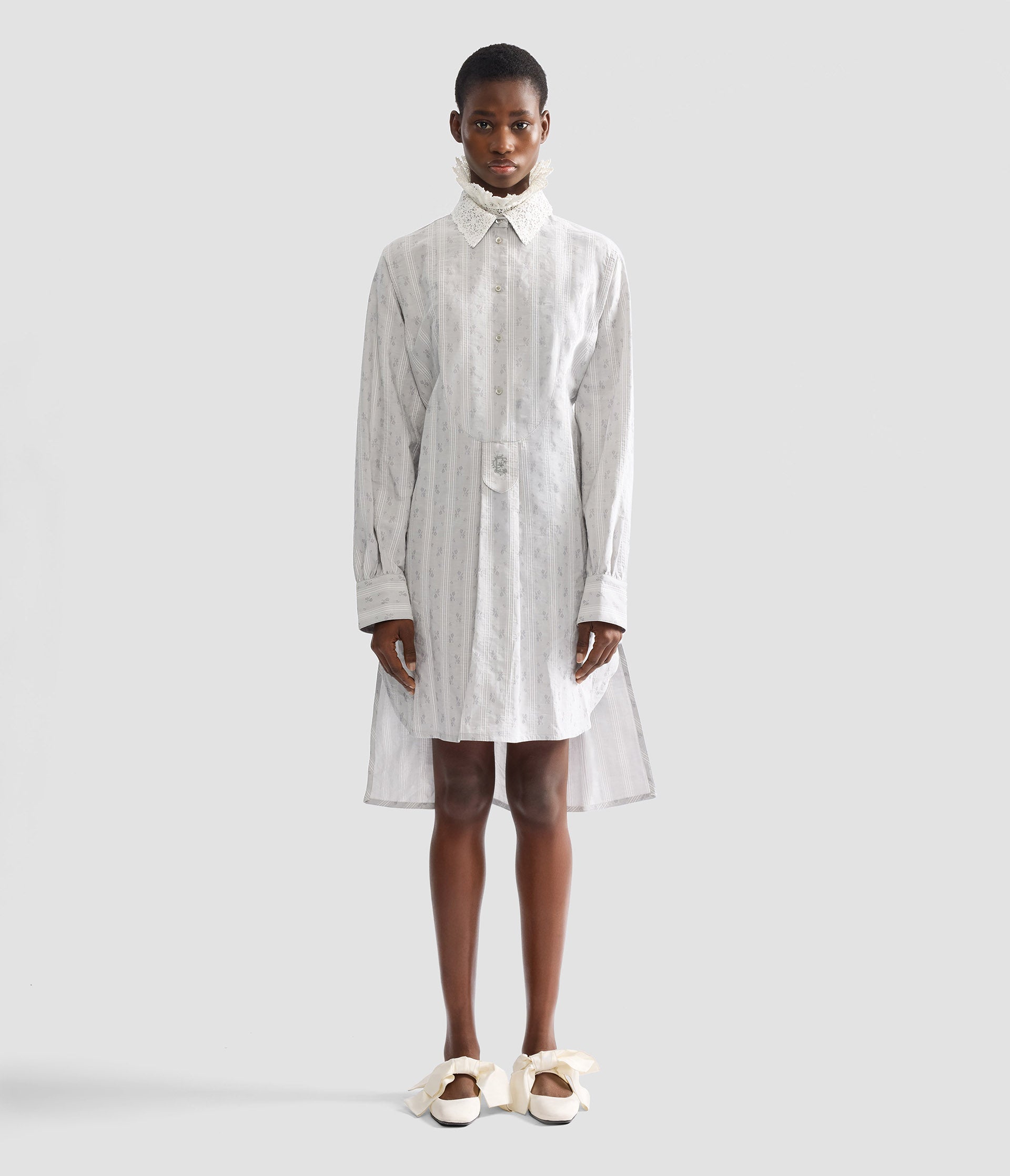 Ditsy Cotton Stripe Long Sleeve Mini Shirt Dress