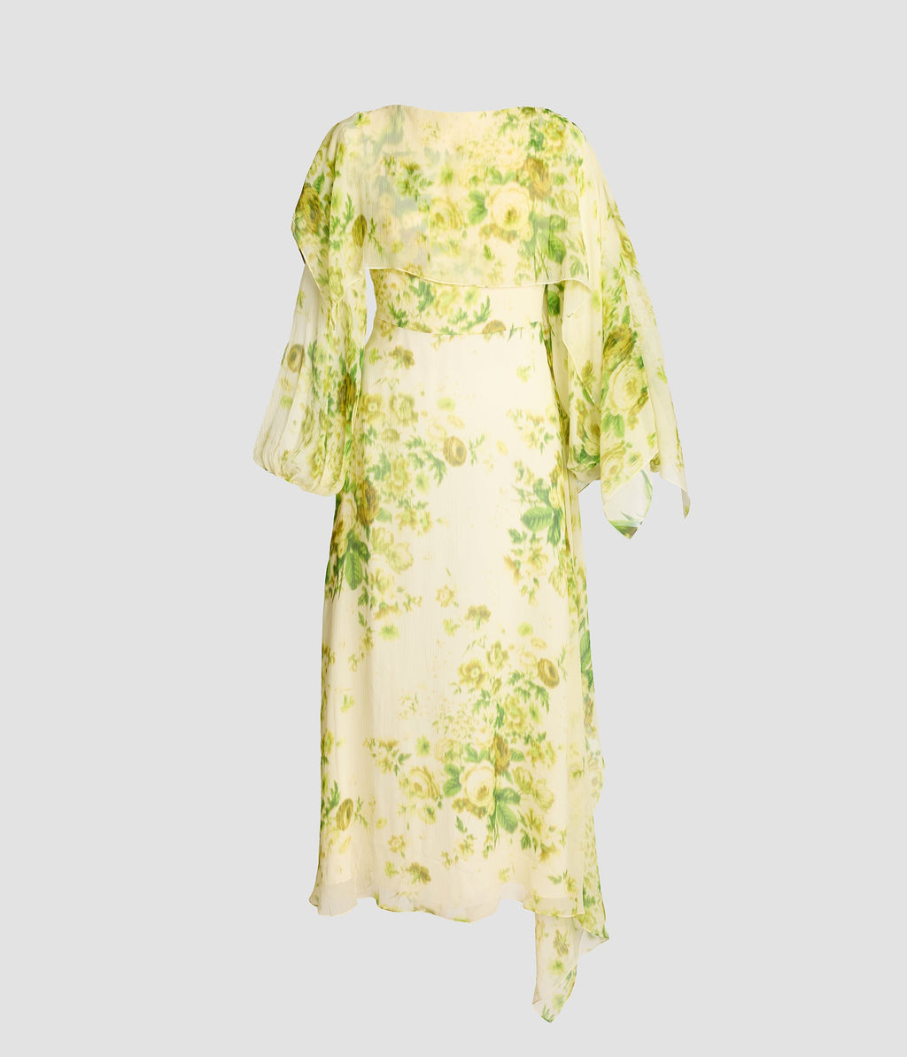 Floral Print Silk Creponne Draped Midi Dress