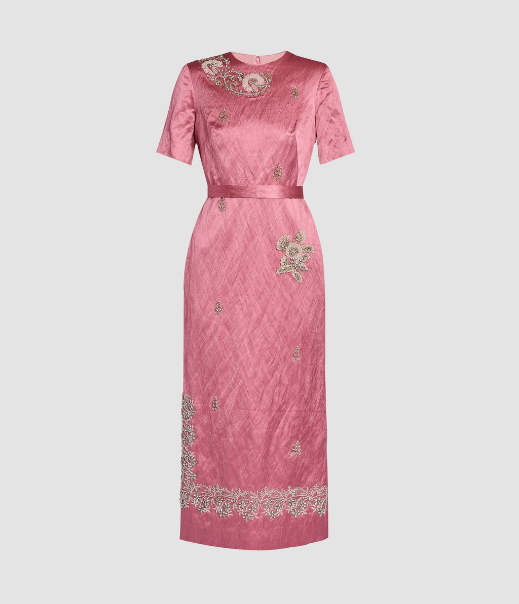 Embellished Textured Satin Midi Pencil Dress