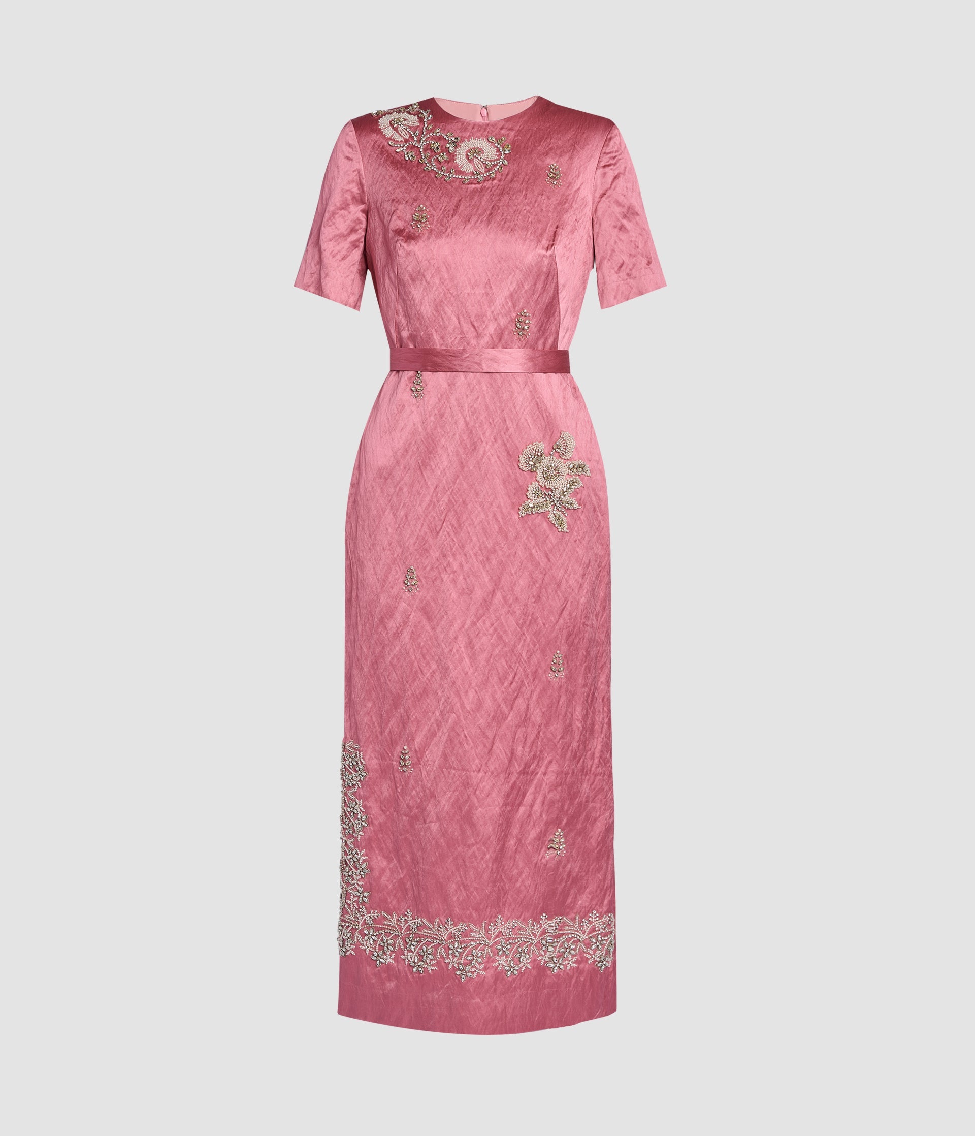 Embellished Textured Satin Midi Pencil Dress