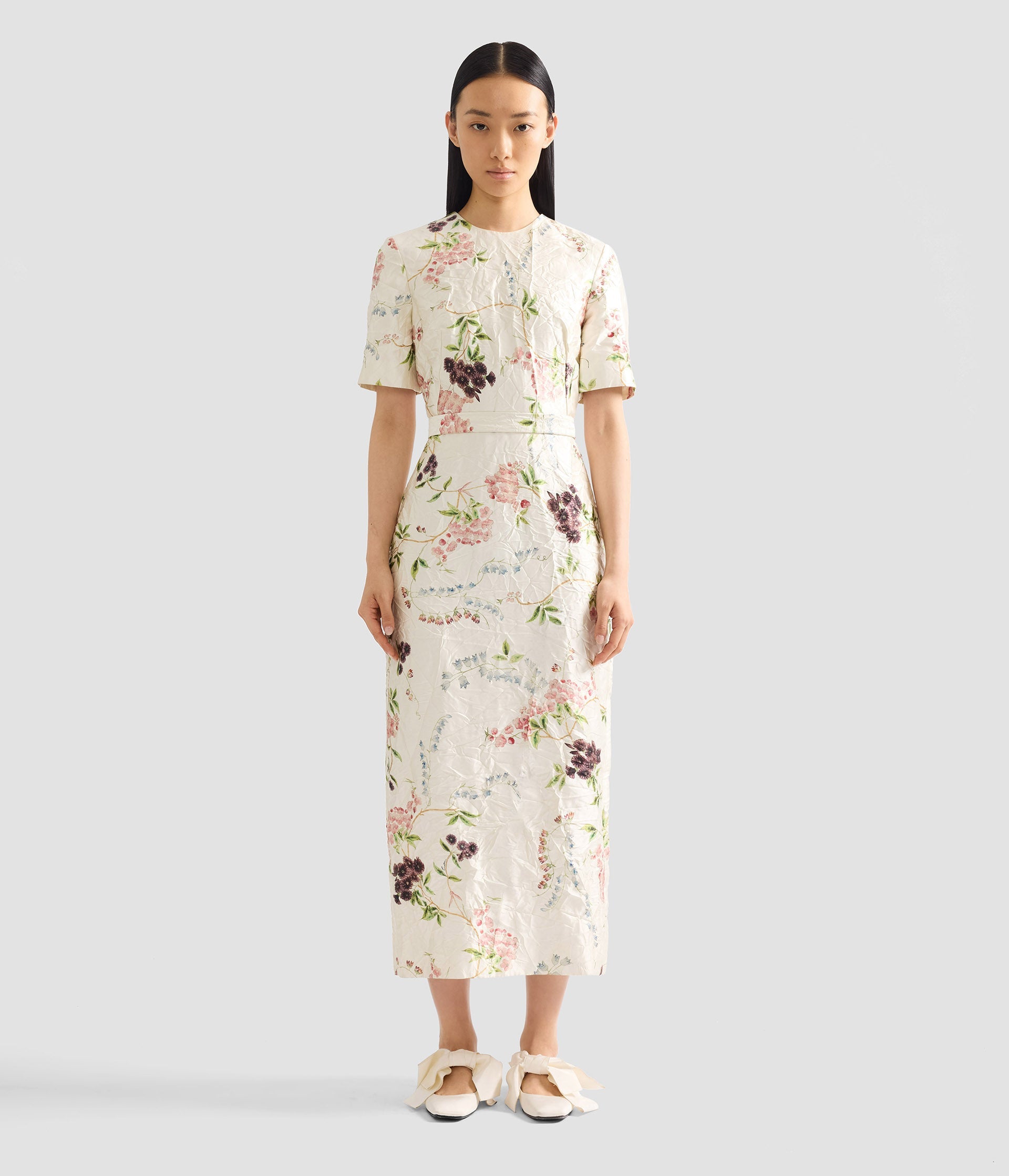 Floral Print Textured Satin Midi Pencil Dress